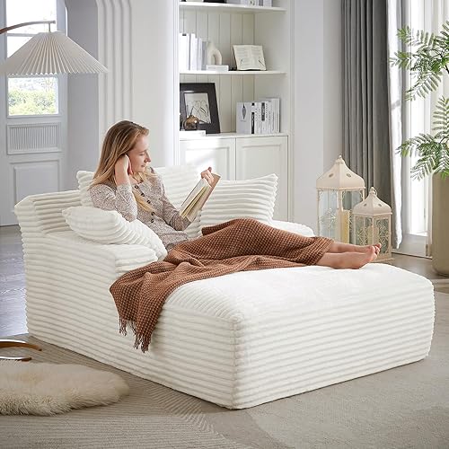Oversized Chaise Lounge Chair Indoor,50" W Upholstered Corduroy Couch with 3 Pillows,Comfy Fluffy Cloud Couch,Modern Deep Seat Sofa,Single Sleeper Sofa Chair for Livingroom,Bedroom,No Assembly(White)