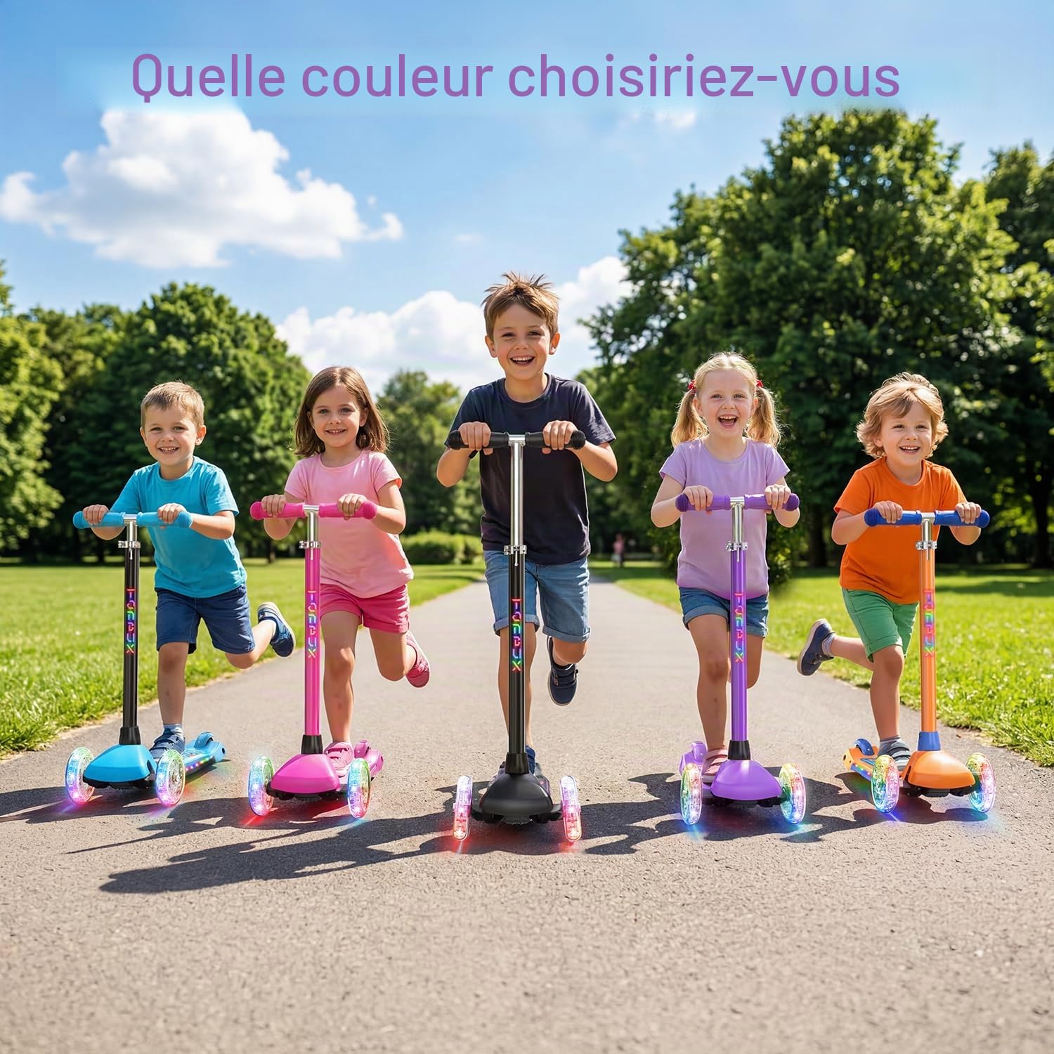 TONBUX Trotinette Enfants 3-8 ans, Trottinette pour Enfants avec Colonne, Roues et Plateau Lumineux, Plateau Métallique Renforcé, Hauteur Réglable 65–80 cm, Frein Arrière Réactif, Lean to Steer Design