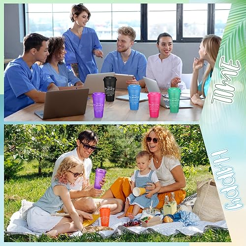 Miniatura 4 de Skylety 24 vasos de agradecimiento a granel de 16 onzas para café de plástico con tapas, coloridos vasos inspiradores reutilizables para compañeros