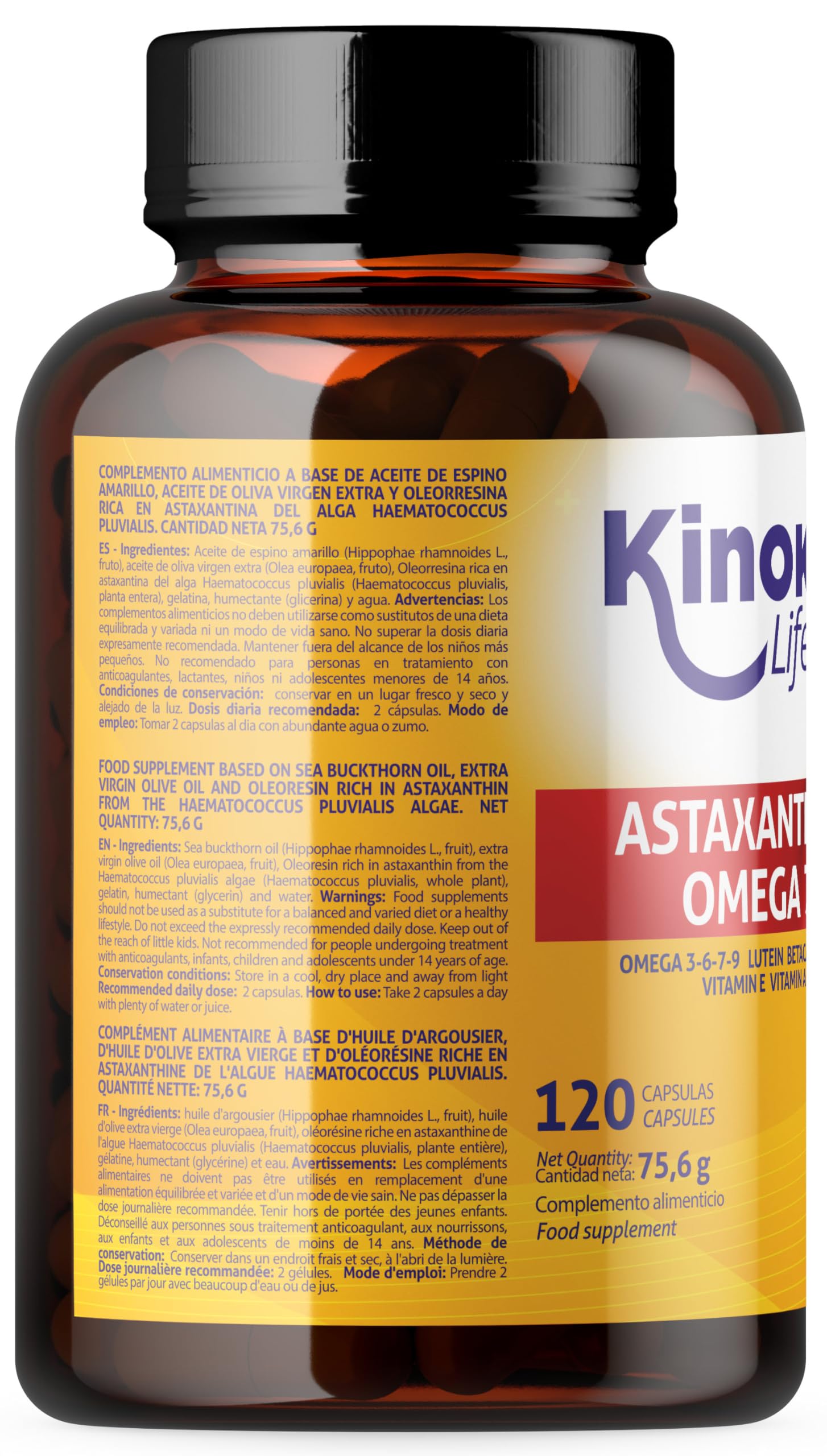 Astaxantina e Omega 7 dall'olio di olivello spinoso - 120 capsule con Omega 3, 6, 7, 9, luteina, betacarotene, vitamine E e A. Senza glutine. Senza OGM