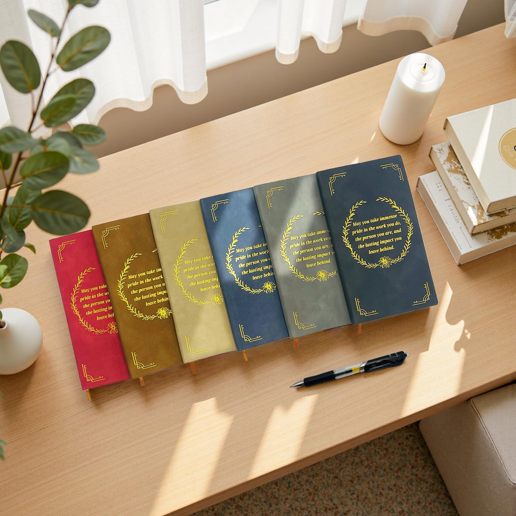 30 Sets Employee Appreciation Gift Set, A6 Faux Leather Notebook with Gold Foil Motivational Quote & Ergonomic Retractable Gel Pen, Ideal for Coworkers, Teachers & Volunteers
