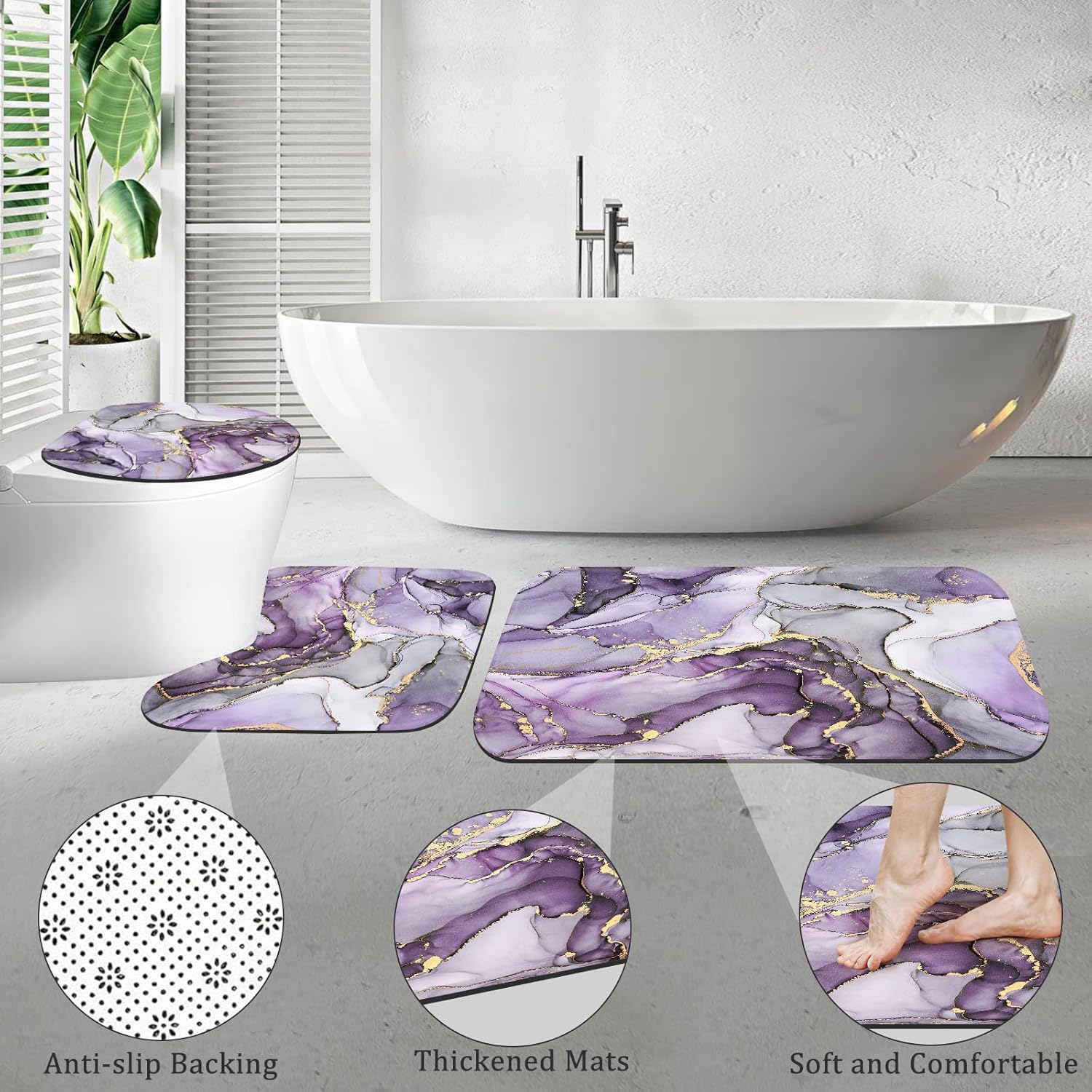 5PCS Purple Marble Bathroom Sets, 2 Shower Curtains - 60x72 & 72x72 with 3PC Rugs