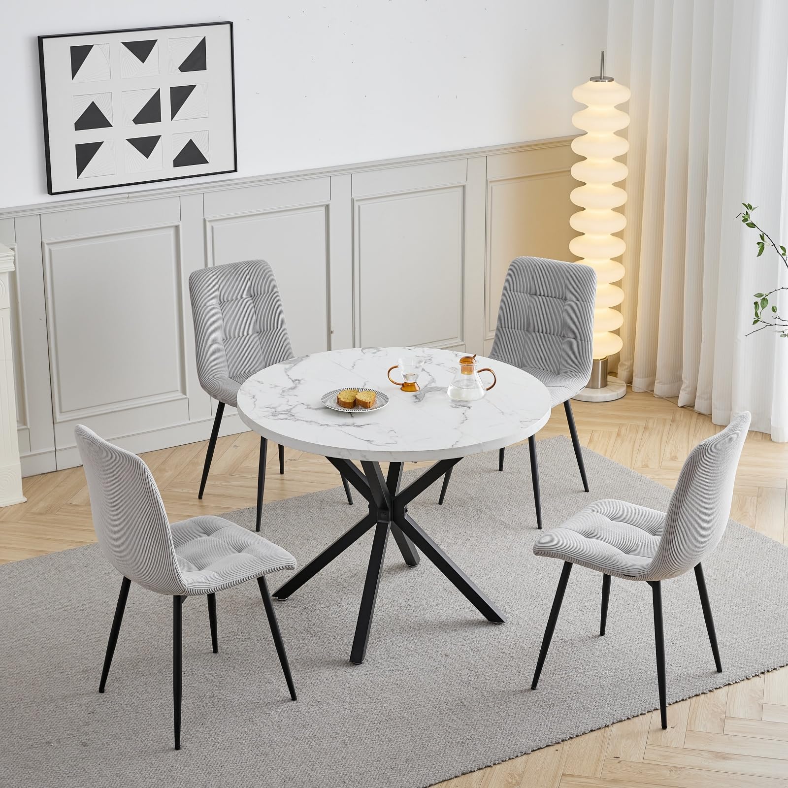 Esstisch- und Stuhlset, 4 Cord mit Hoher Rückenlehne und EIN 100 cm Langer Moderner Runder Esstisch, Geeignet für Küchen, Esszimmer und Wohnzimmer-Schwarze Tischbeine + Hellgrau