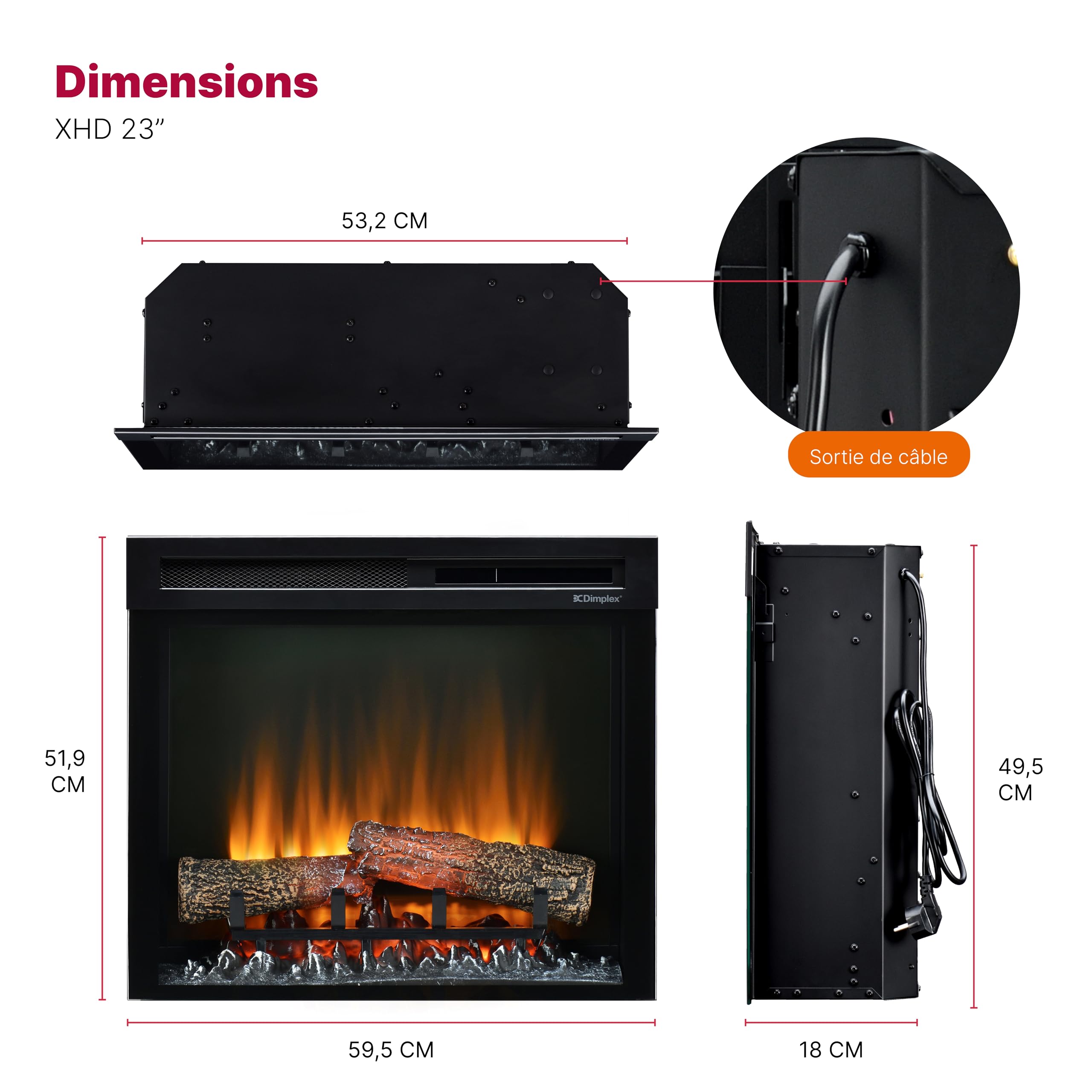 Dimplex Cheminée électrique XHD 23'' / 58 cm – Cheminée Murale avec Chauffage – 1400W – Effet de Flamme LED Optiflame – Chauffage activable – Télécommande Incluse