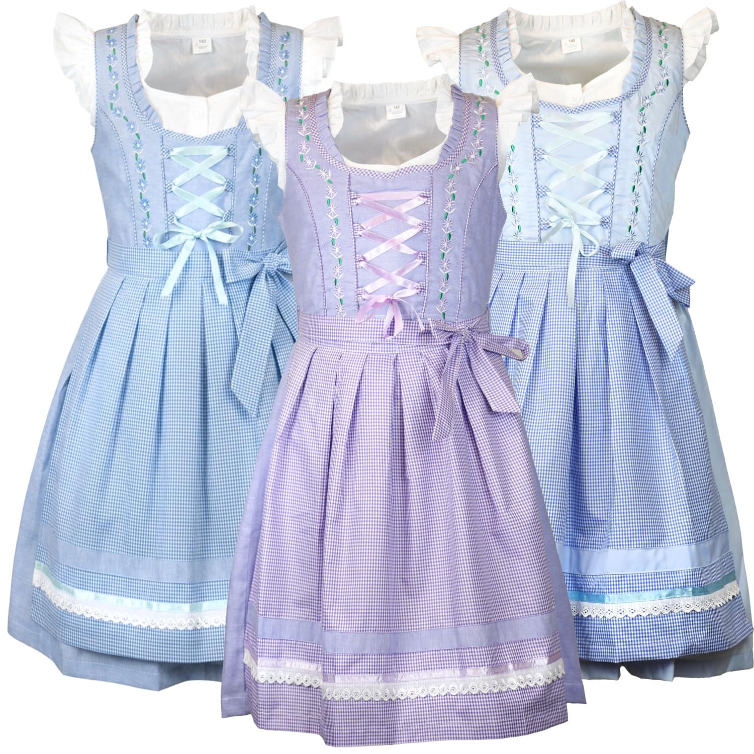 Dirndl Lina per bambini – Dirndl viola blu con camicetta e grembiule, 3 pezzi, abito tradizionale per bambine