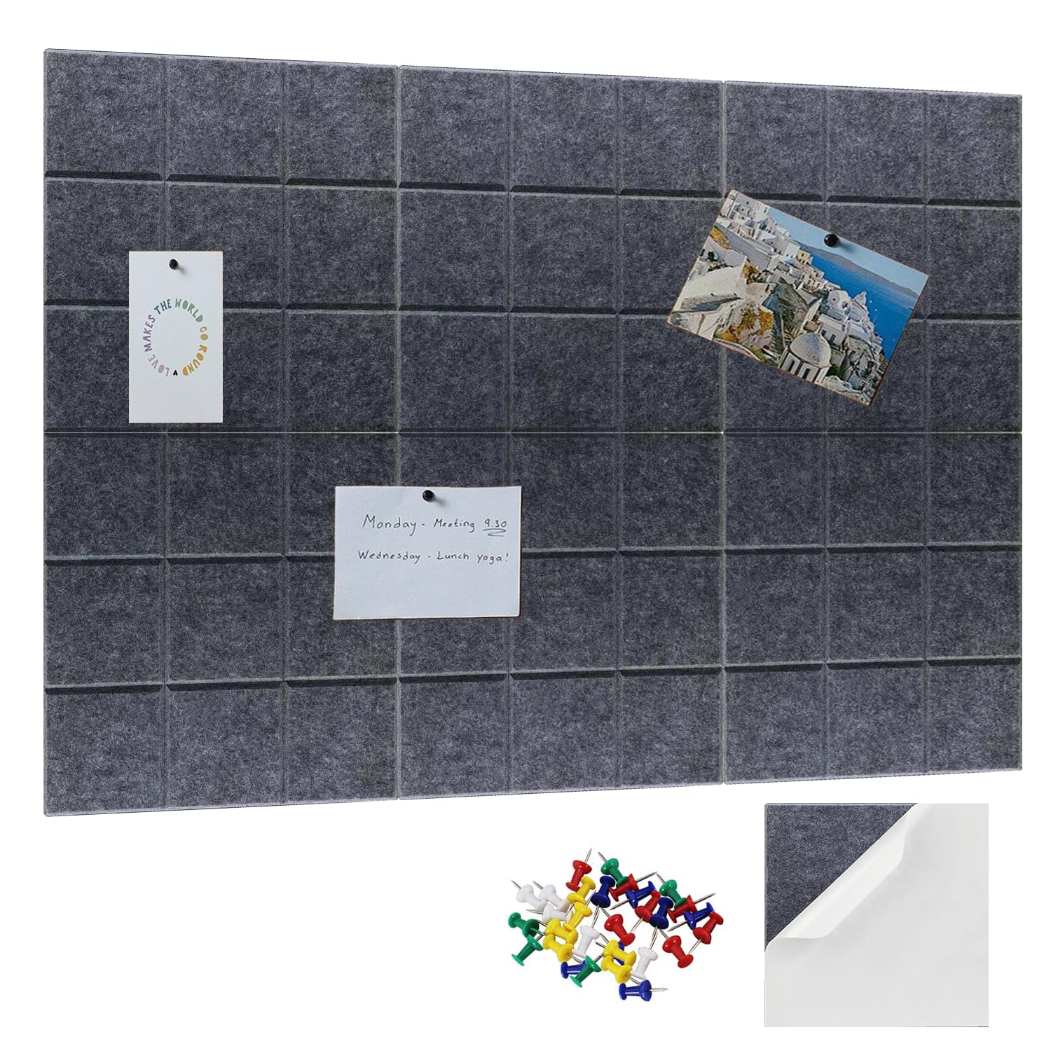 Cork Boards, 6Pcs 30x30cm, Felt Wall Tiles Adhesive on The Back,with 30 Pins, Board and Notice Board for Walls, Office and Home Use Photo DIY Memo Display in Kitchen School (Dark Gray) (A)