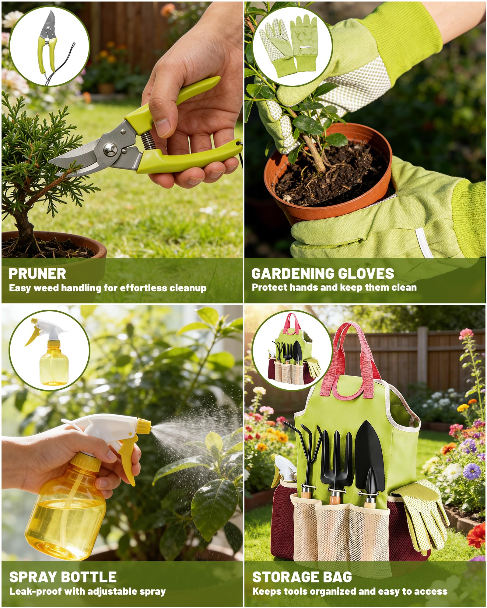 Juego de Herramientas para Jardín 9PC Kit Jardineria，Juego de Herramientas Jardinería de Acero Inoxidable，de Jardín, Tijeras Podar, Pala Jardinería, Guantes, Paleta y Rastrillo de Mano etc