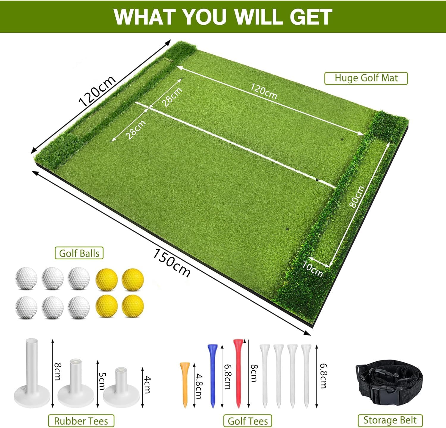 Golfmatte 150 x 120cm, Golf Abschlagmatte, Golf Übungsmatte mit 10 Golfbällen & 3 Gummi-Tees, 6 Abschlagpositionen, für Indoor und Outdoor Golftraining