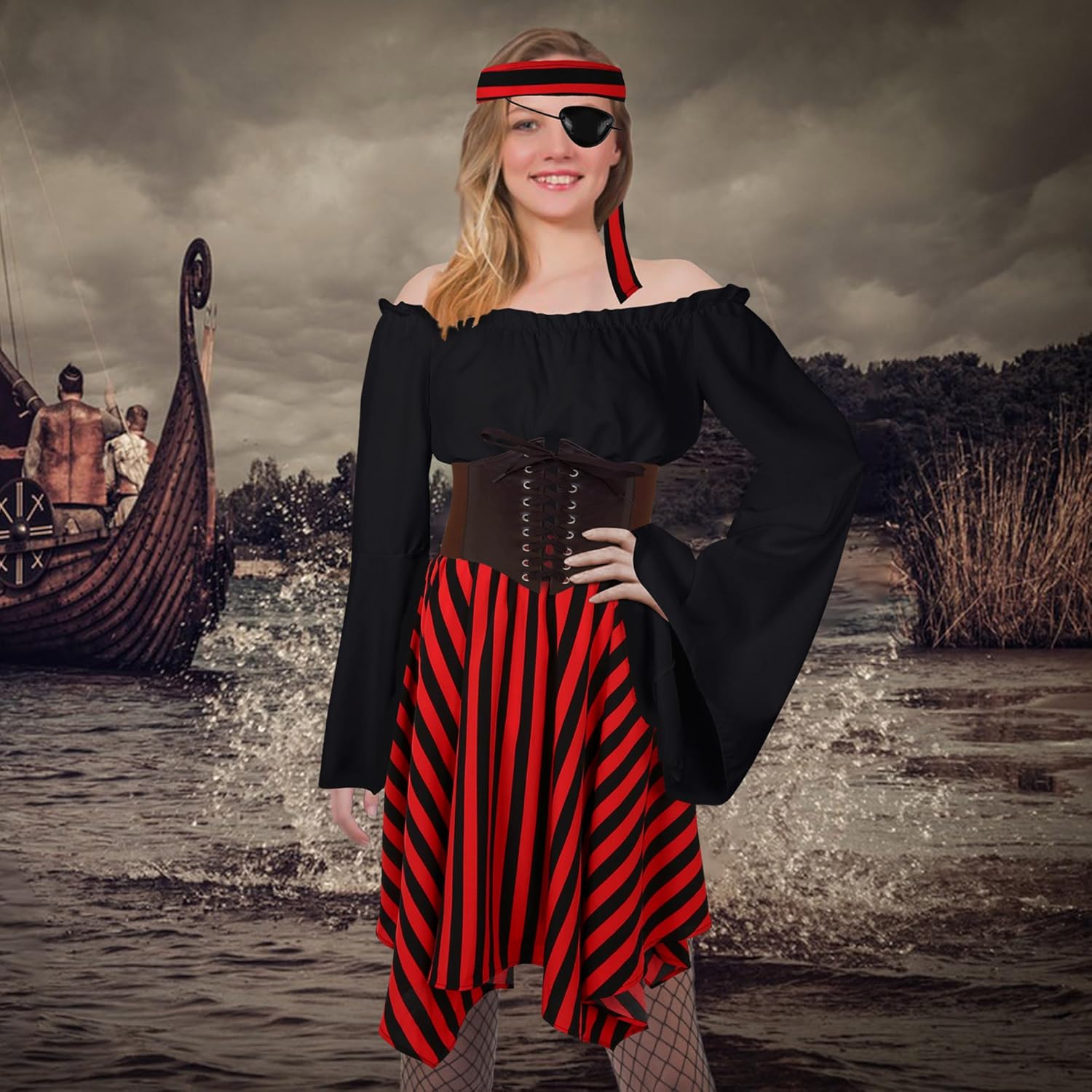 Cosrea Pirate Costume Adult Women Renaissance Shirt Bandana Corset Waist Belt Eye Patch Halloween Pirate Queen Outfit - Image 7
