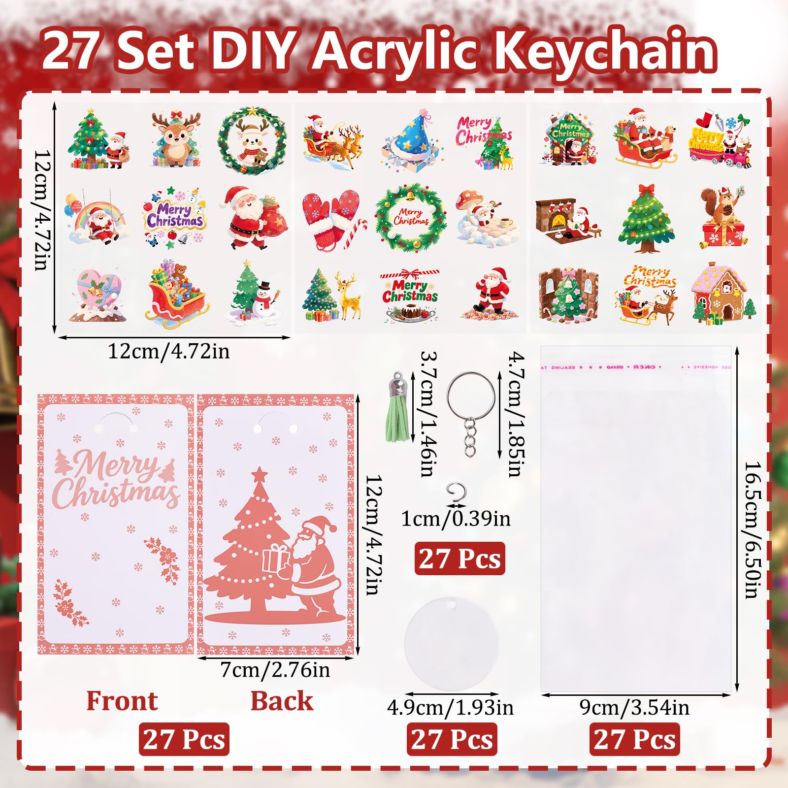 WANDIC 27 Pcs Acrylic Keyring Making Kit, Christmas UV DTF Stickers, Christmas Display Cards - Image 2