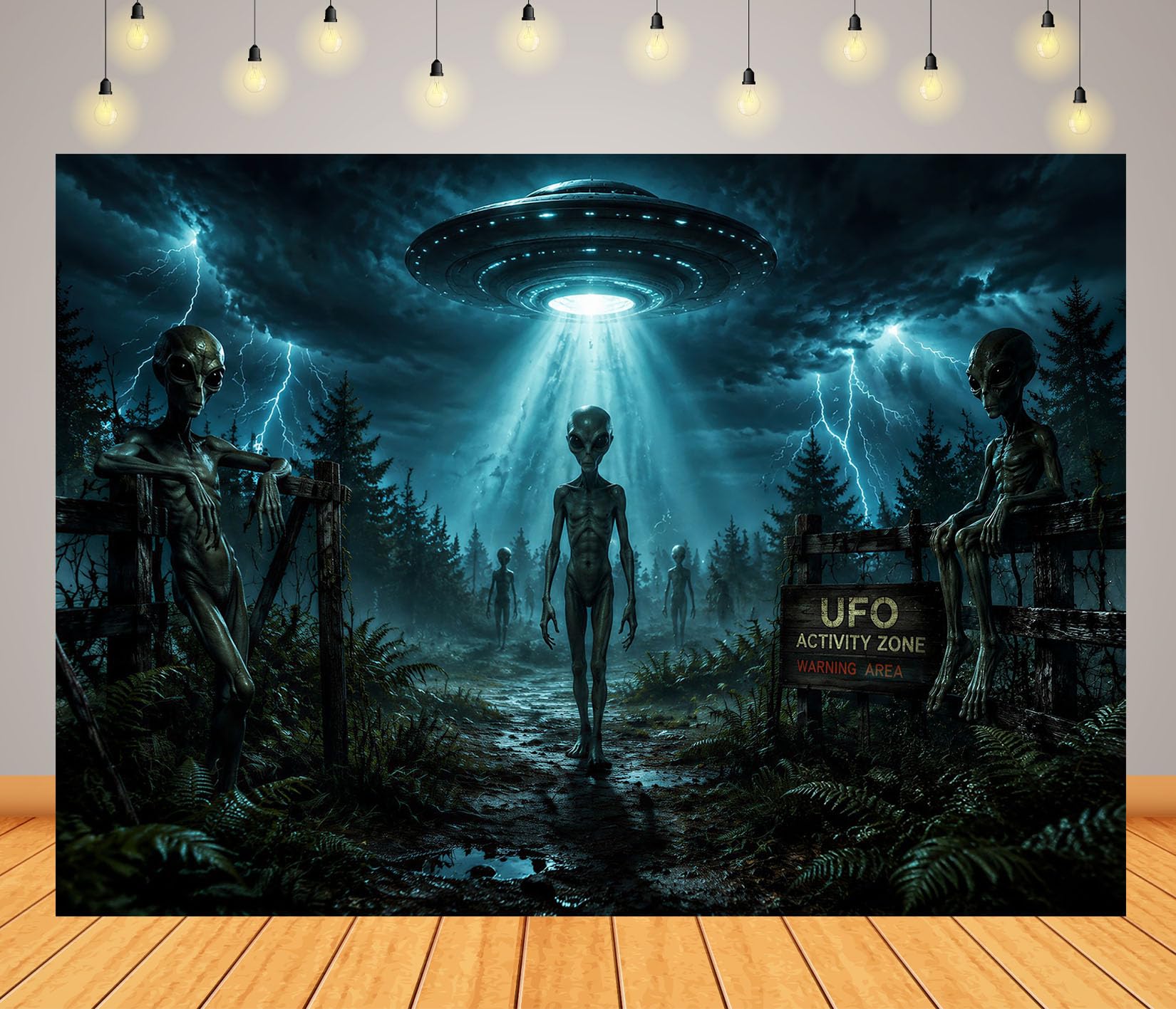10x6.5FT Stoff UFO Wald Alien Lichtstrahl Hintergrund