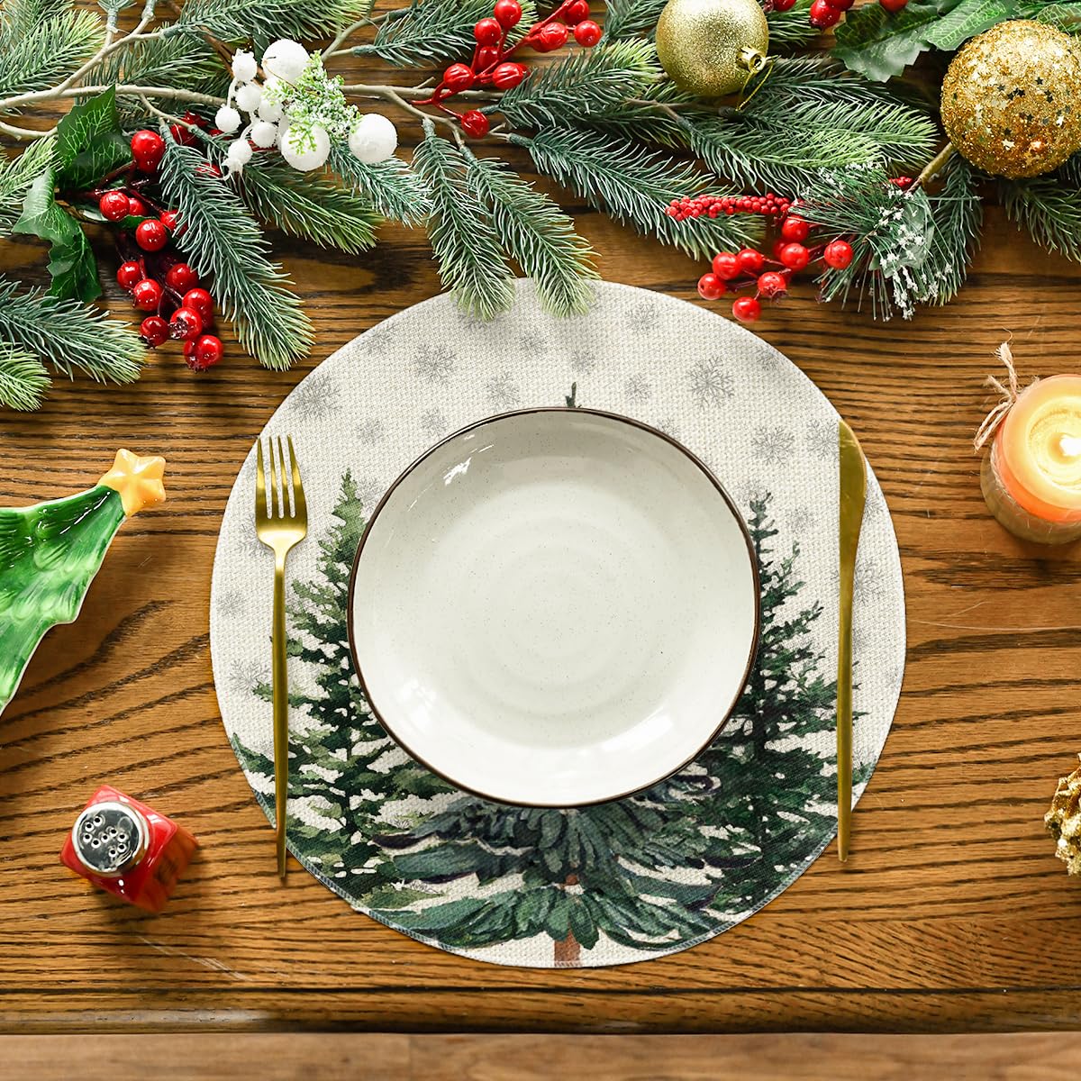 Artoid Mode Pine Trees Snowflakes Christmas Placemats Set of 4, Round 37cm Seasonal Winter Xmas Holiday Vintage Washable Table Mats - Image 2