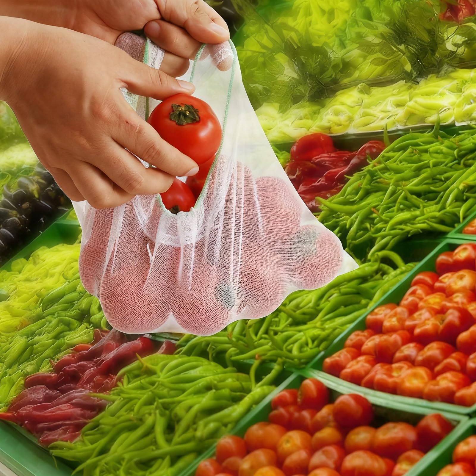 Sacs de Rangement réutilisables en Filet pour Fruits et Légumes avec Cordon de Serrage, 3 Tailles