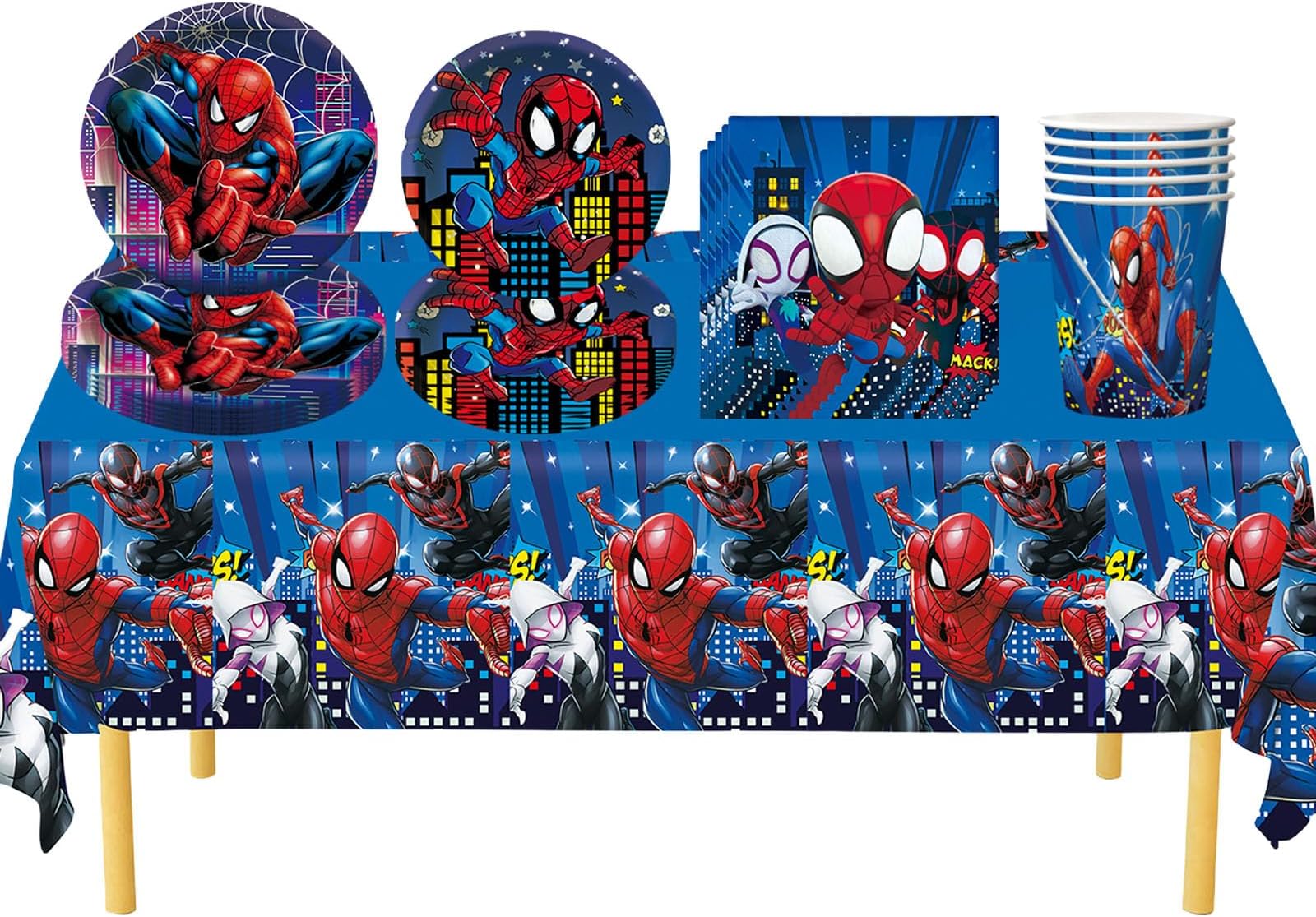 51Pcs Spider Party Tableware Set,Marvel Avengers Spider Party Plastic Table Cloth,Paper Plates Napkins and Cups for Kids Boys Birthday Spider Party Decorations