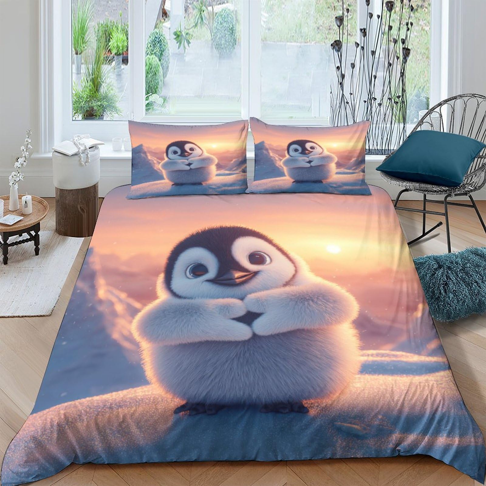 Ctjqhvkz Style-1 3D Printed Cute Penguin Fitted Sheet Microfiber Soft Breathable Sunset Landscape Bed Cover For Bedroom Dorm Mattress Protection Decor Single（135X200cm）