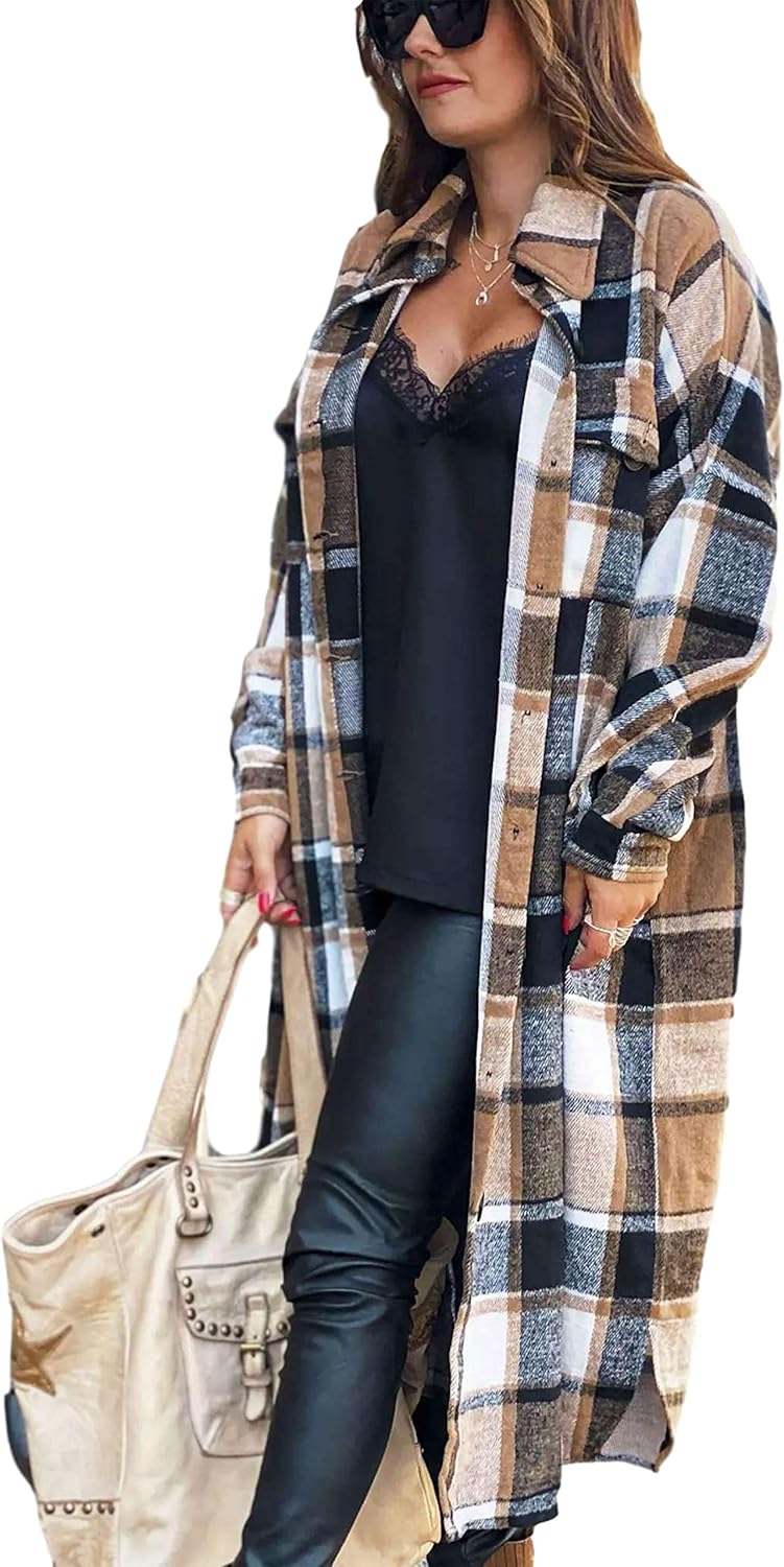 Himosyber Women's Casual Plaid Lapel Woolen Button Up Pocketed Long Shacket Coat
