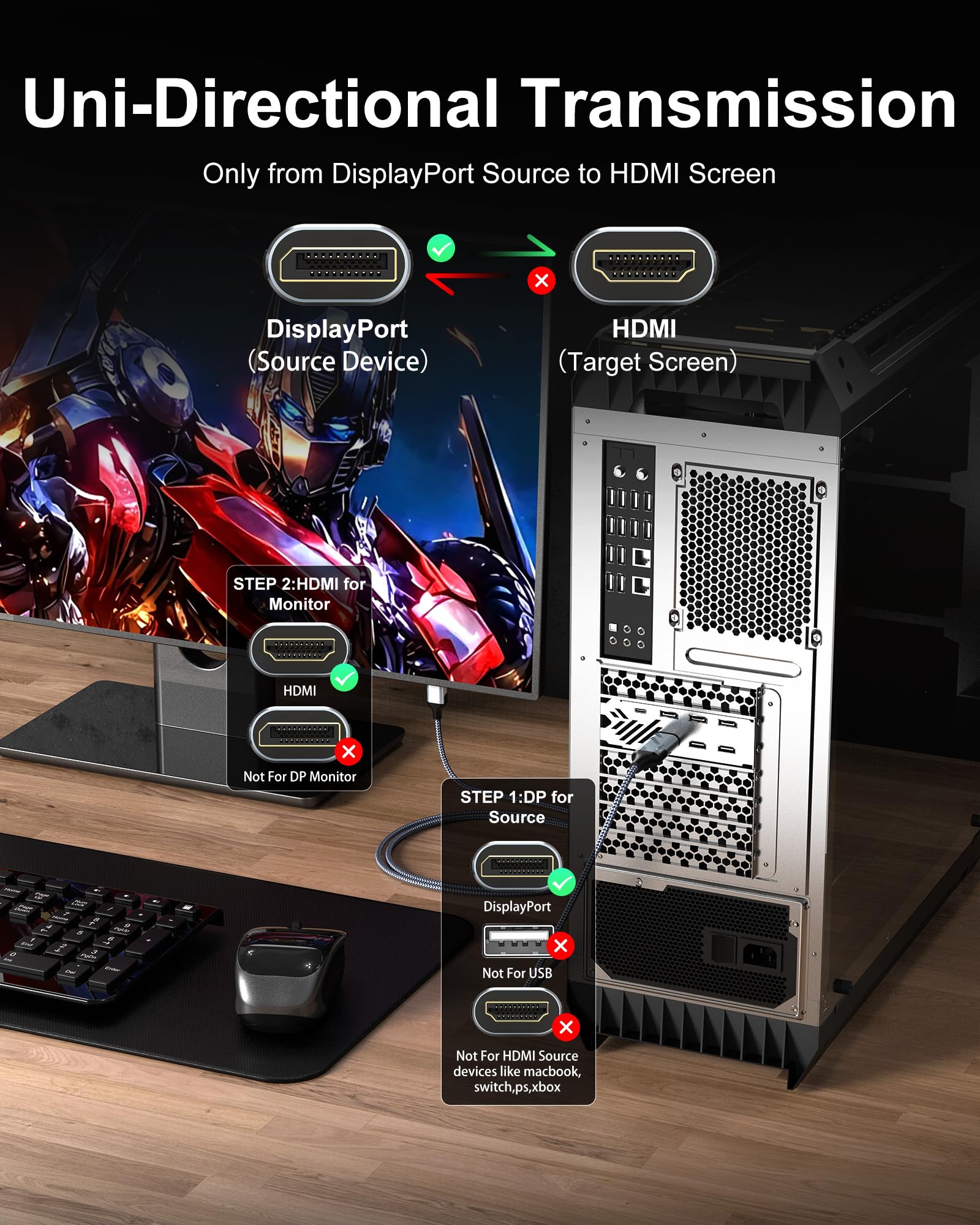 Câble DisplayPort 8K vers HDMI 2.1 de 1,8 m, 8K @ 60 Hz, 4K @ 240 Hz, port d'affichage unidirectionnel 1.4 source vers écran HDMI 2.1, cordon tressé DP vers HDMI pour Dell, NVIDIA, AMD