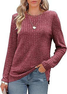 Odosalii Womens Tops Casual Striped Sweaters Crewneck Ribbed Long Sleeve Shirts Side Split Pullover Jumper