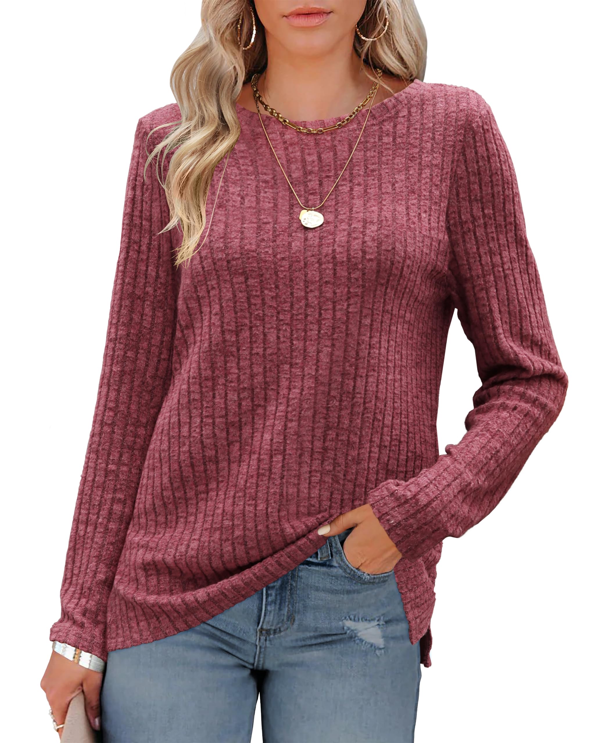 OdosaliiWomens Tops Casual Striped Sweaters Crewneck Ribbed Long Sleeve Shirts Side Split Solid Color Pullover Jumper, Burgundy, M