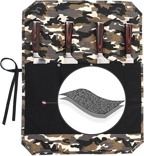 Kaaltisy Rollo para cuchillos de chef, rollo de lona encerada de 16 onzas para cuchillos de cocina (camuflaje y negro) Estuche para cuchillos con