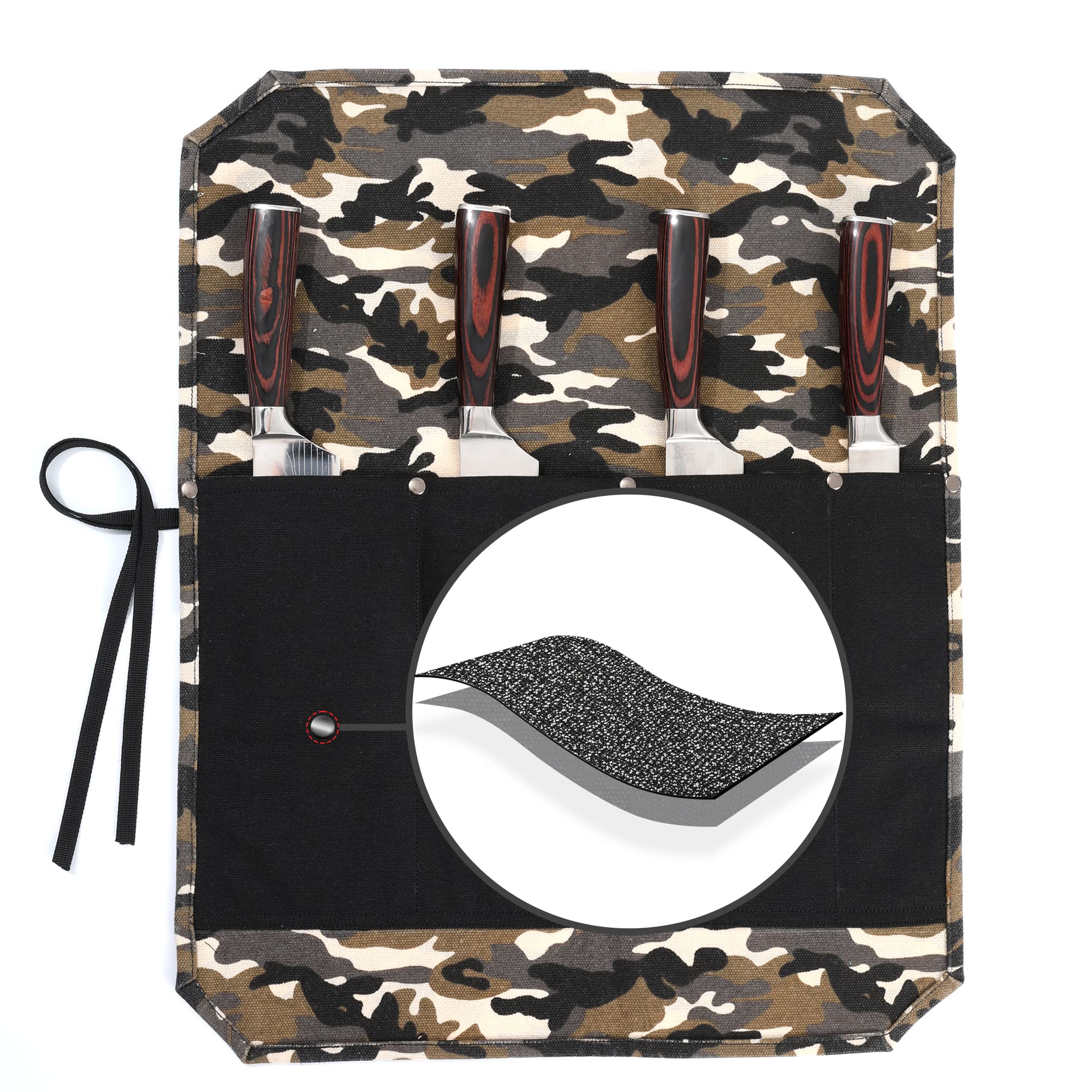 Kaaltisy Chef Knife Storage Roll - Heavy Duty 16oz Waxed Canvas Knife Bag with 4 Slots, Anti-Cut Cloth, Two-Tone Camouflage & Black Design for Travel Outdoor Cooking Culinary Professionals