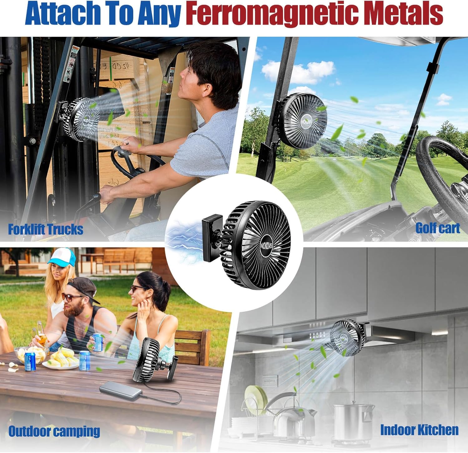 NOKINS Golf Cart Fan, Portable Magnetic Fans for Golf Cart EZGO Club Car Yamaha, Low Noise Designed and 3-Speed Settings 360° Rotatable with Magnetic Mount Base&USB Input