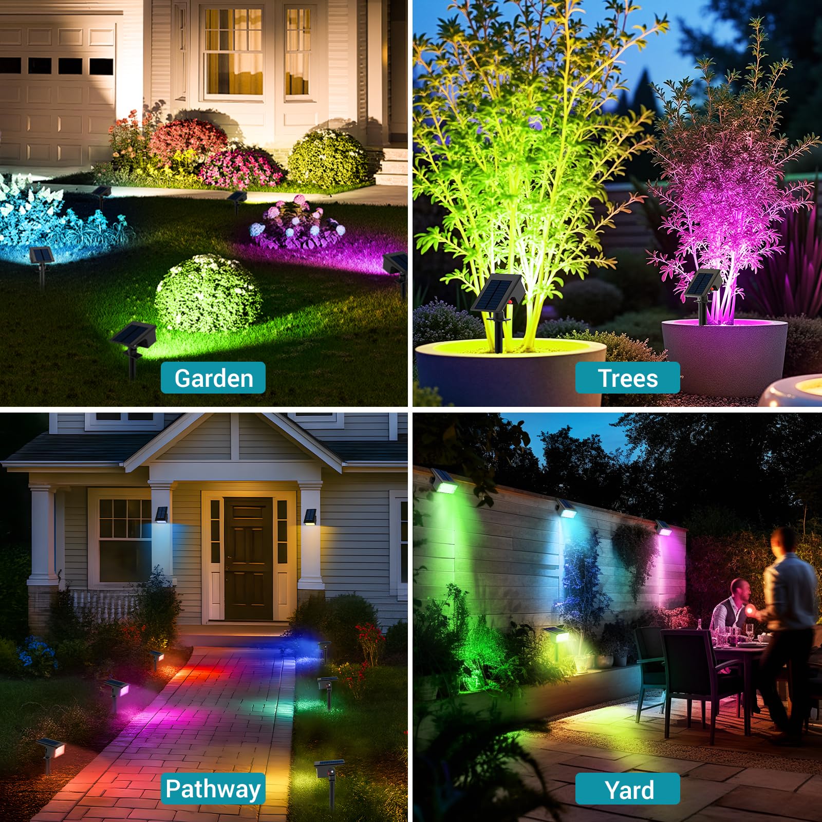 kolpop 4Stück RGB Solar Strahler, 7 Modes, 2-in-1, IP65 Wasserdicht, 800LM Bunt Außenleuchte, Dusk to Dawn Solarleuchten Gartenleuchten für Bäume, Outdoor Pflanzen, Hof