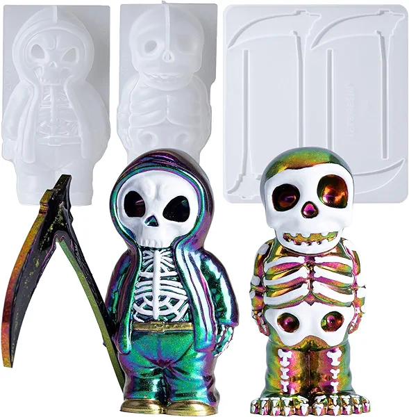 LET’S RESIN Grim Reaper Skull Resin Molds with Scythe,Funny Skull Silicone Molds for Resin, 3D Skeleton Epoxy Resin Molds for DIY Halloween Decorations & Gothic Spooky Figurine,Gifts