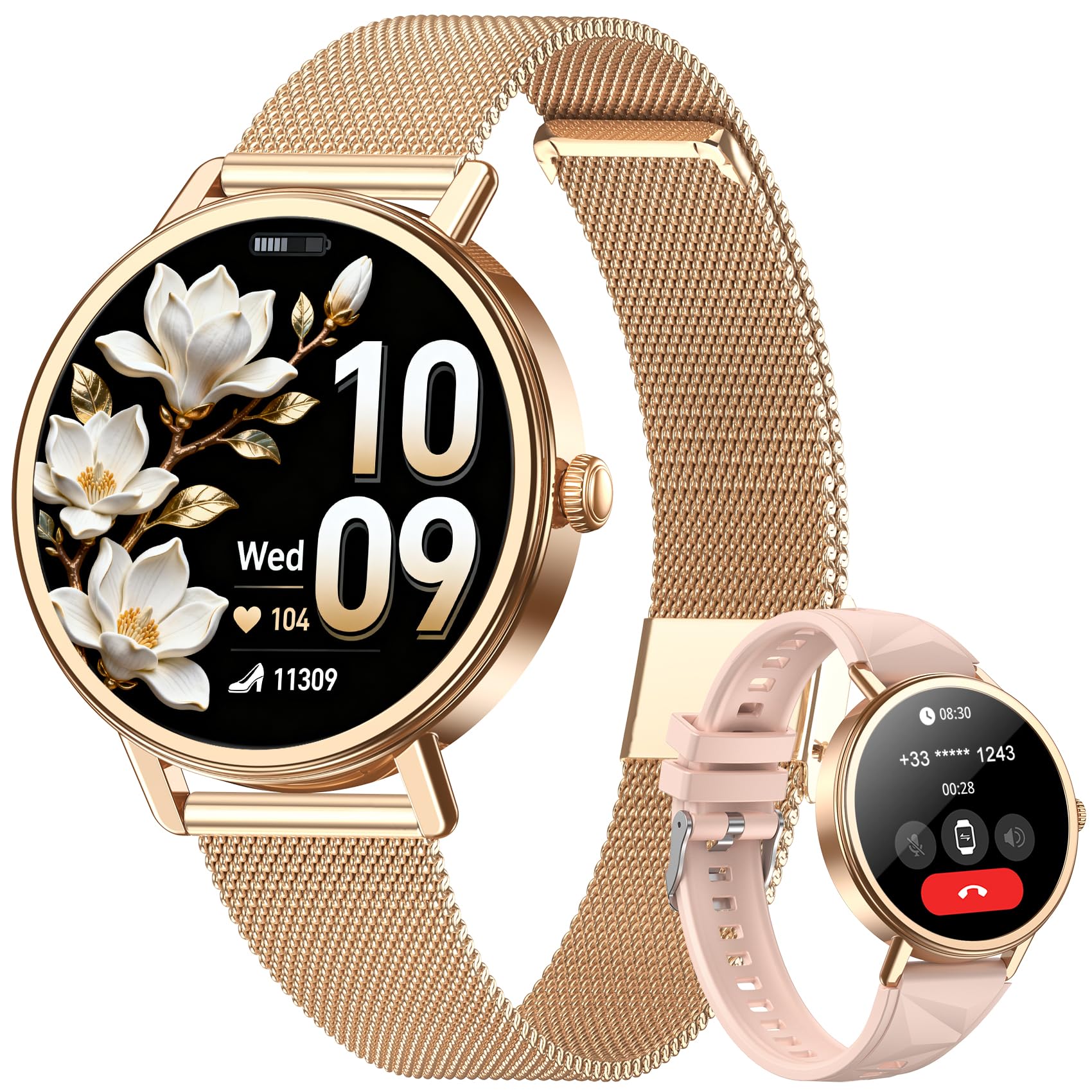 Blackview Montre Connectée Femme avec Appel Bluetooth,1.26" Smartwatch avec Suivi du Cycle, 24H Sommeil/Fréquence Cardiaque/SpO2,100+ Mode Sportifs Montre, Fitness Podomètre Compatible Android iOS