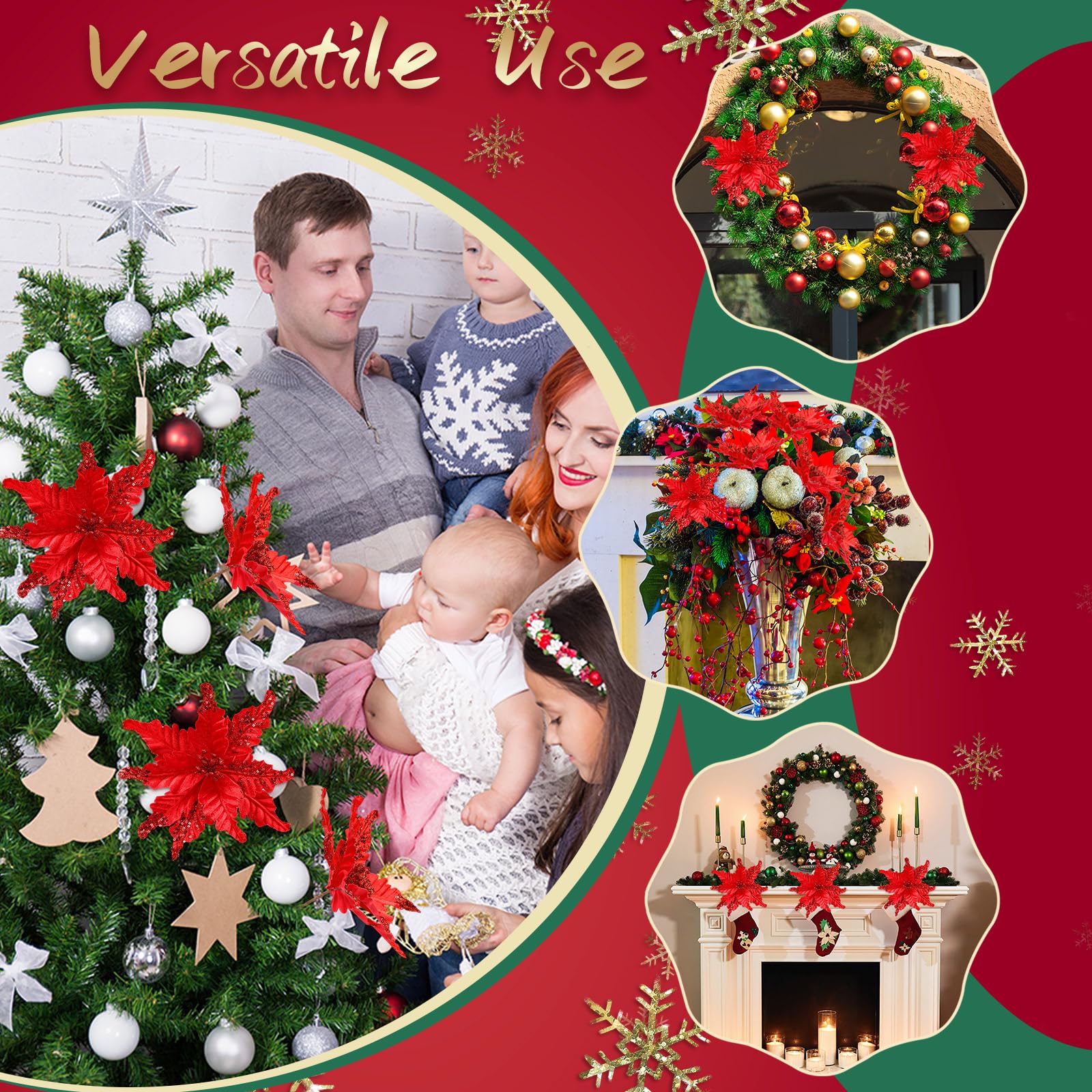12 flores de Navidad artificiales de tela con purpurina de 10 pulgadas con clips, adornos de árbol de Navidad de cabeza grande con tallos para bodas, fiestas (rojo)