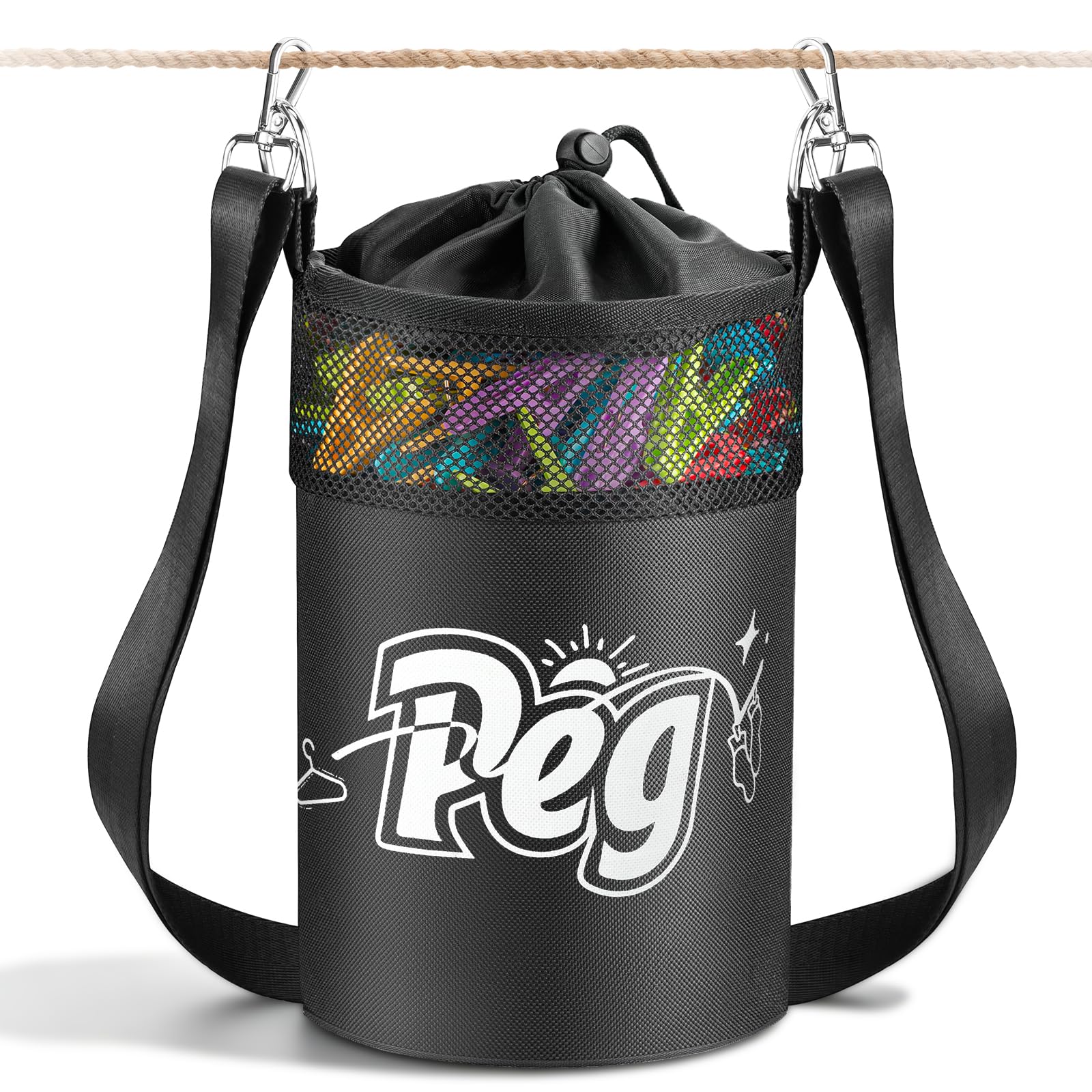 Mellbree Premium Peg Bag for Washing Line with Hanger, Black with Pattern Peg Bag with Shoulder Strap for Laundry Clothes Pegs, Indoor Outdoor Pegs Organizer Storage Use