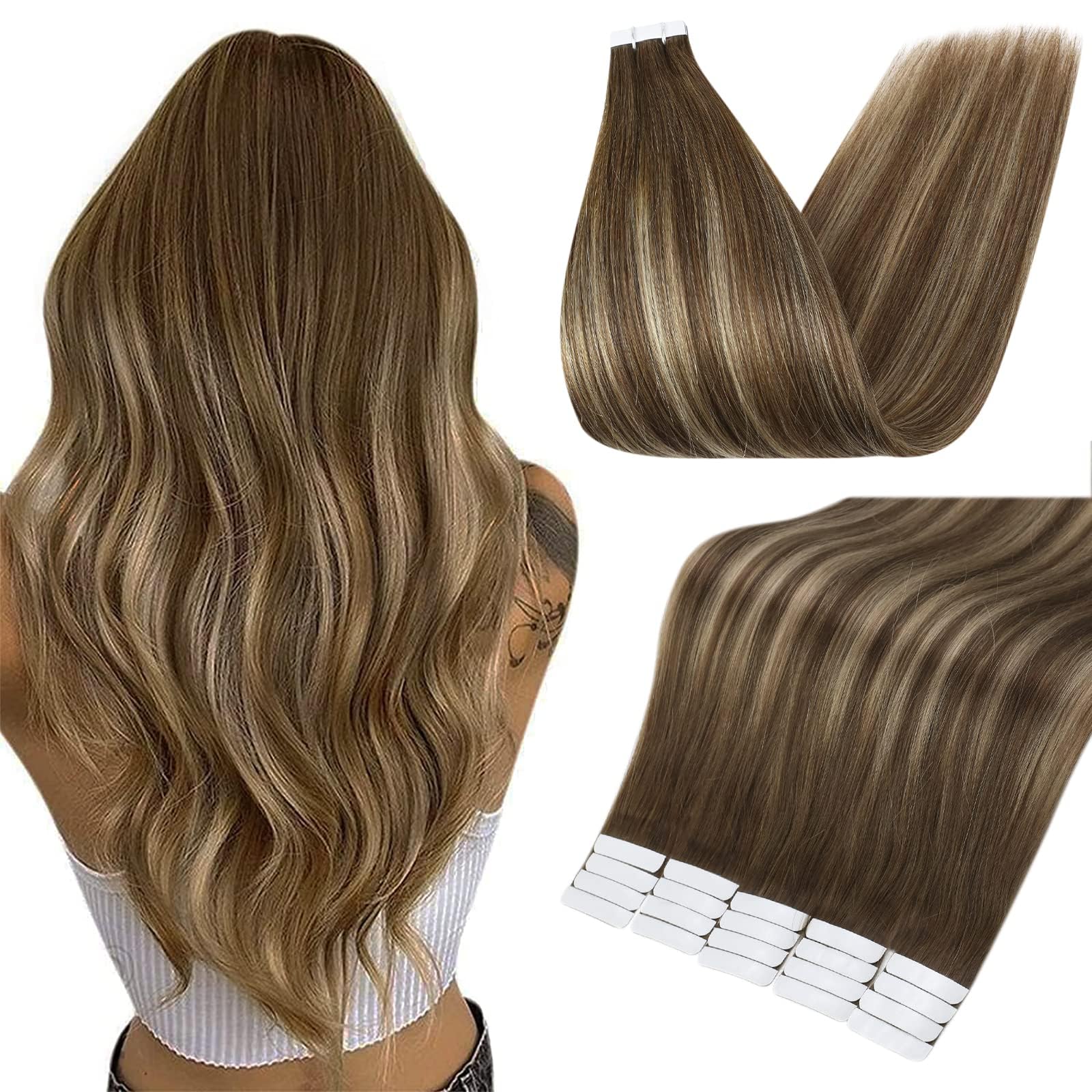 Full Shine Tape Ins Human Hair Extensions Color 4/24/4 Medium Brown Highlight Honey Blonde Human Hair Extensions Tape in 16 Inch Balayage Seamless Skin Weft Tape Extensions 20 Pieces 50 Grams