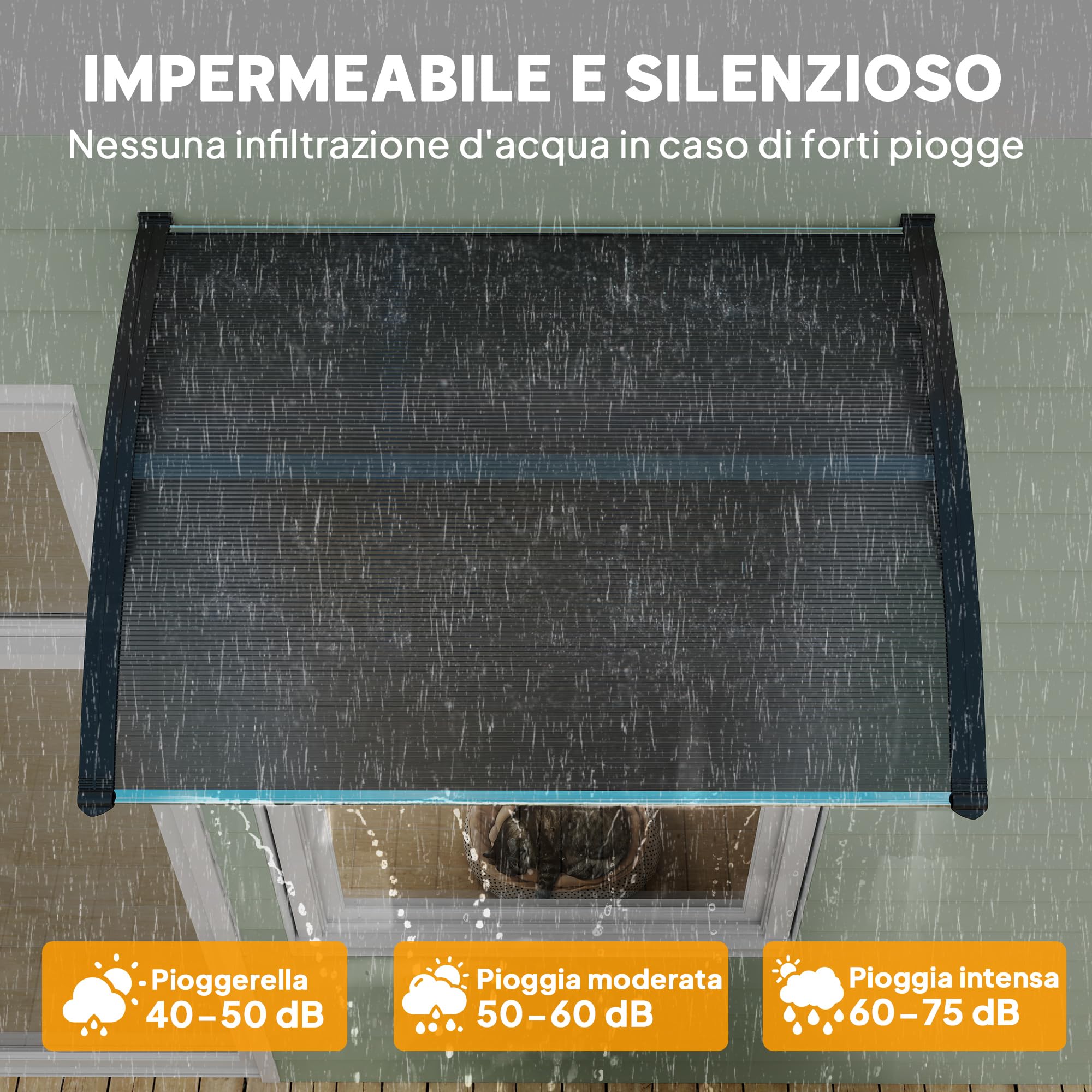 Outsunny Pensilina Tettoia da Esterno 100x75cm in Policarbonato per Balcone Porte e Finestre Resistente ai Raggi UV, Nero