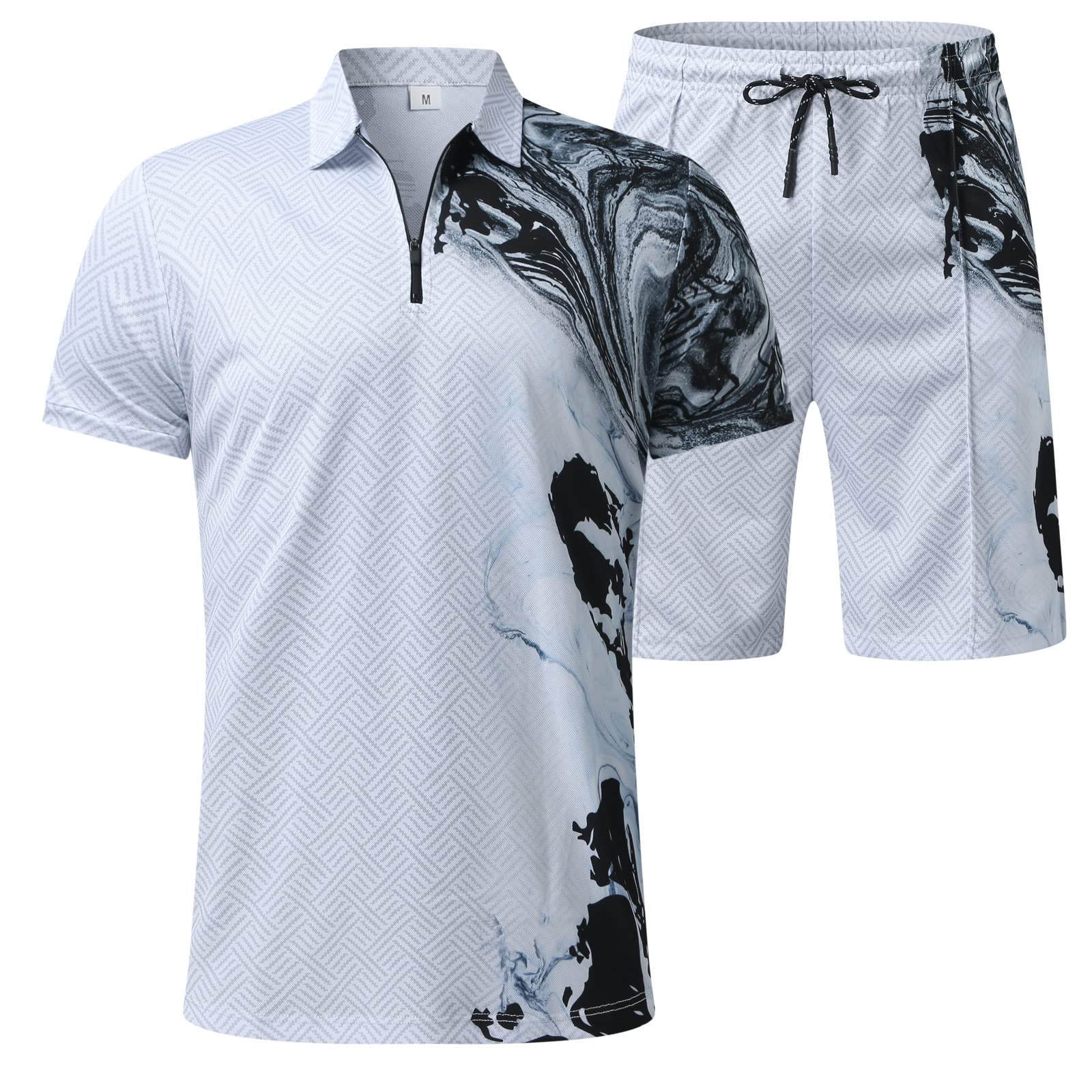 Sportanzug Herren Sommer Drucken Trainingsanzug Atmungsaktives Golf Shirts Set Freizeitanzug Poloshirts und Sportsshorts Lose Wanderanzug mit Reißverschlus Streetwear für Outdoor