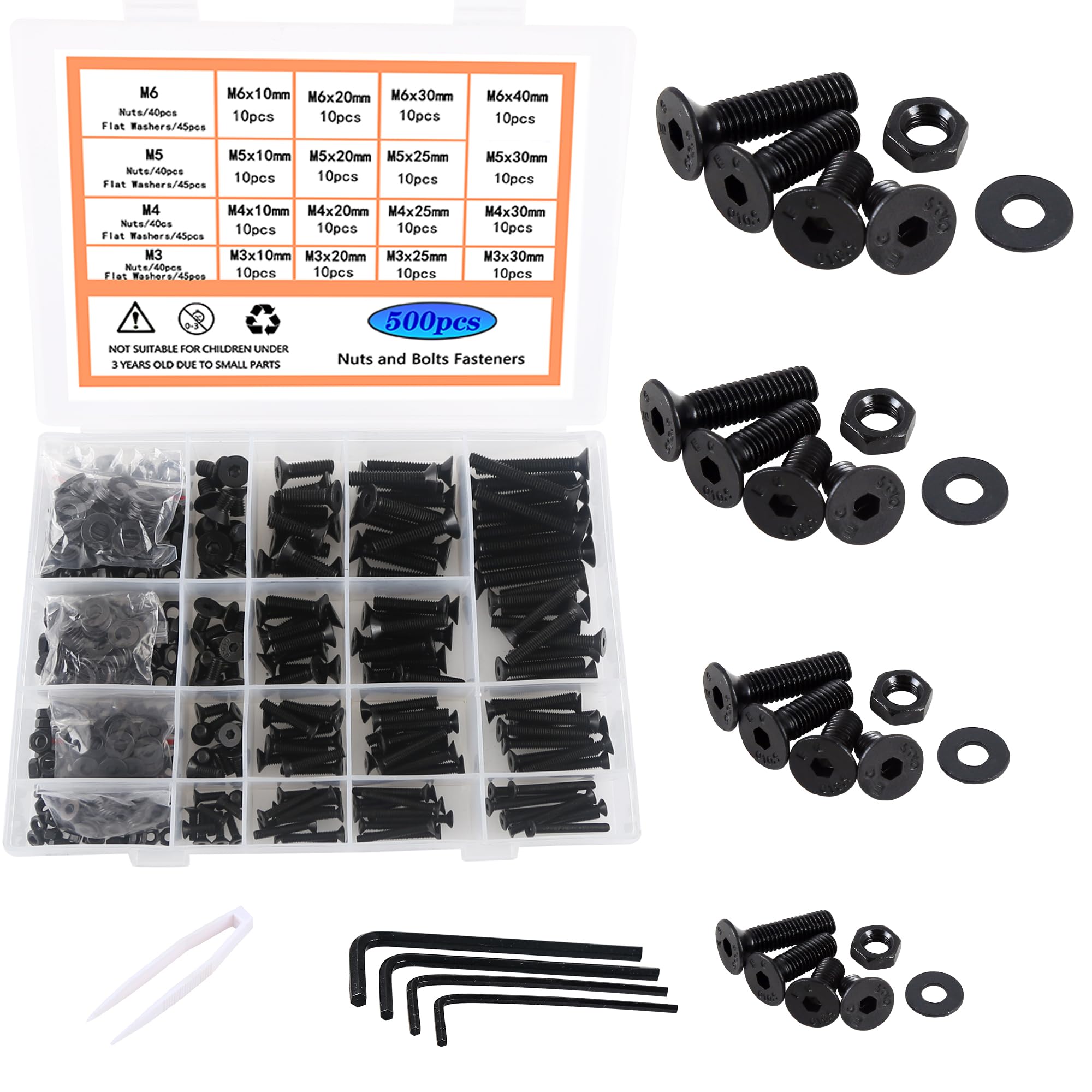 Rshuhx M3 M4 M5 M6 Black Flat head Bolt and Nut set Carbon steel material hexagon head Bolts and nuts washer set fully threaded mechanical fasteners (Comes with reusable storage box)500pieces