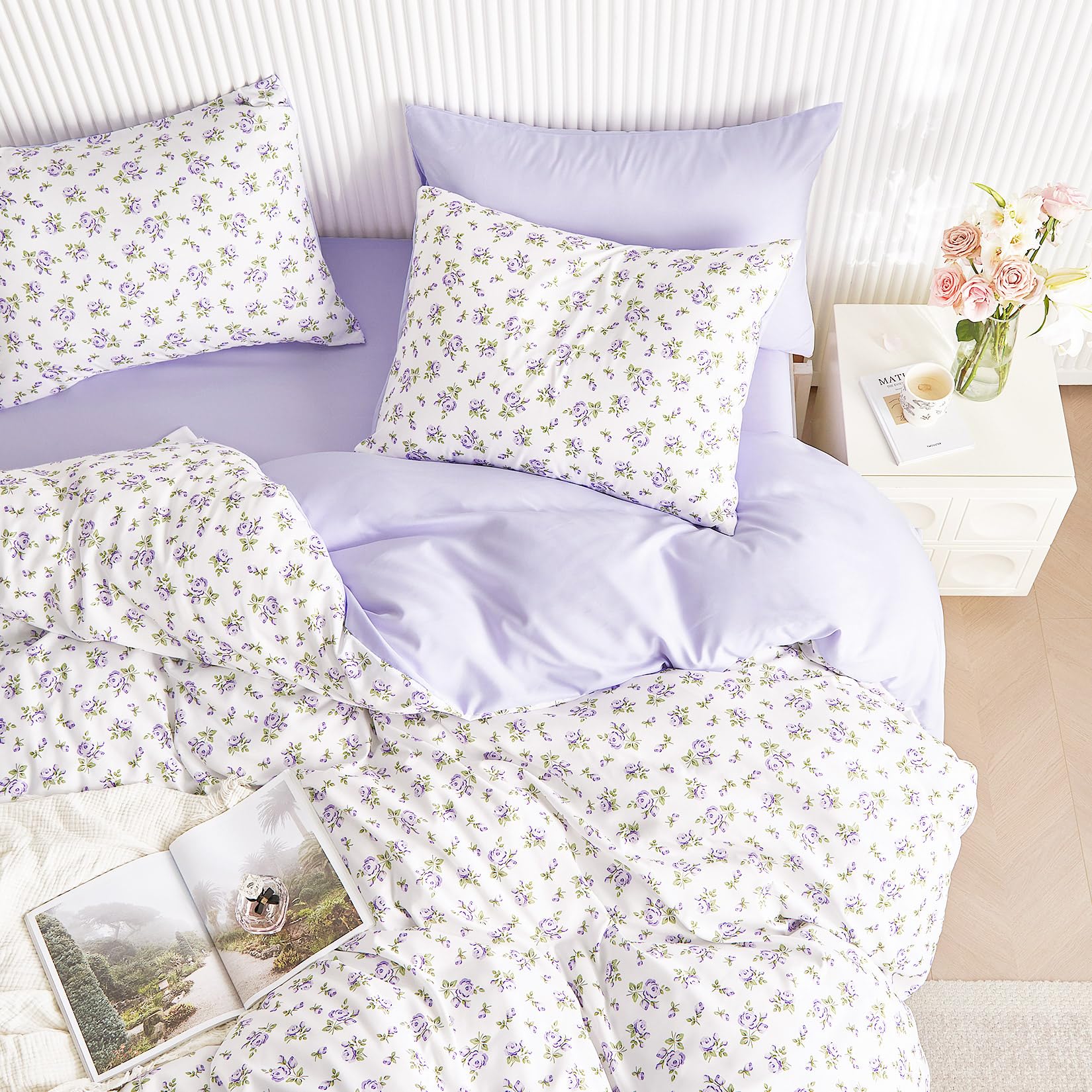 Wake In Cloud - Coquette Duvet Cover Set, Floral Cottagecore Flower Shabby Chic Cute Aesthetic, Soft Lightweight Bedding for Women Teen Girls, 3-Piece, White Purple, Queen Size-image-48