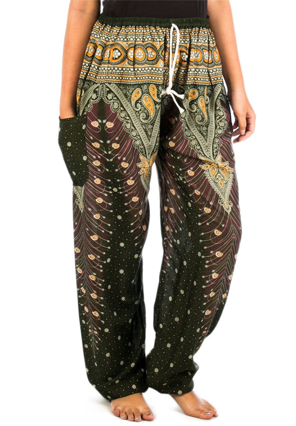 Lofbaz Women's Peacock 1 Green Peacock 1 Drawstring Harem Boho Pants Green 4XL