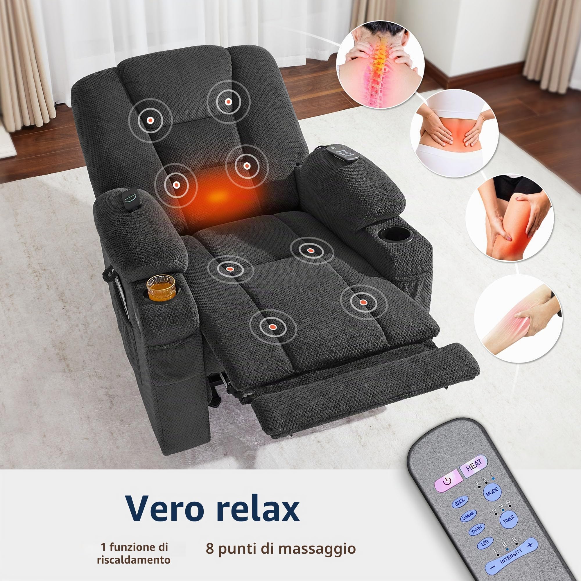 MCombo M Poltrona TV Regolabile elettricamente, poltrona reclinabile con funzione di reclinazione, poltrona TV con funzione Massaggio e Calore, USB e portabicchieri, Tessuto,7008 (grigio scuro)