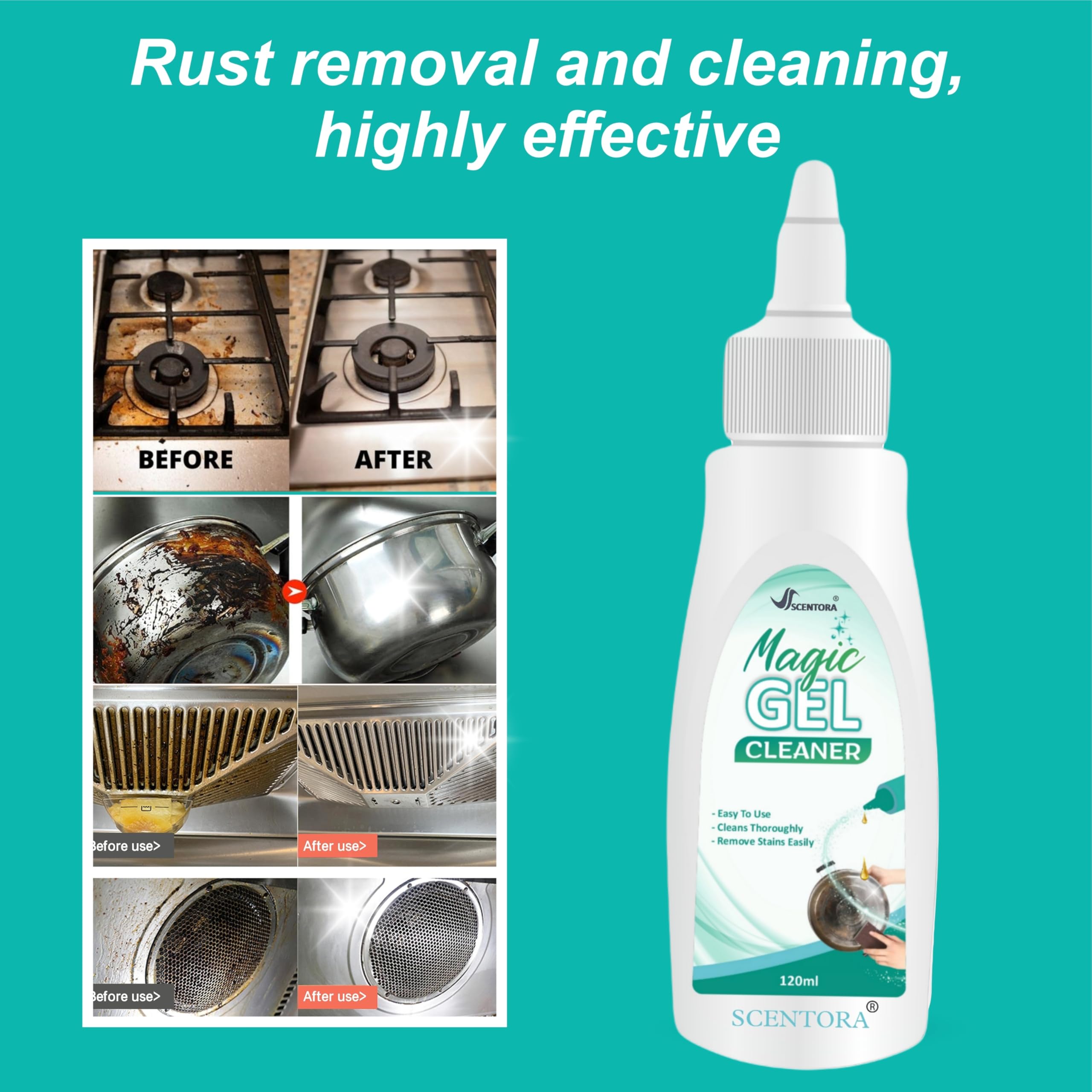 SCENTORA Magic Gel Cleaner | Strong Decontamination & Rust Remover for Pots, Pans, and Kitchen Utensils | Breaks Down Oil Stains & Restores Shine (120ml) (1) 3