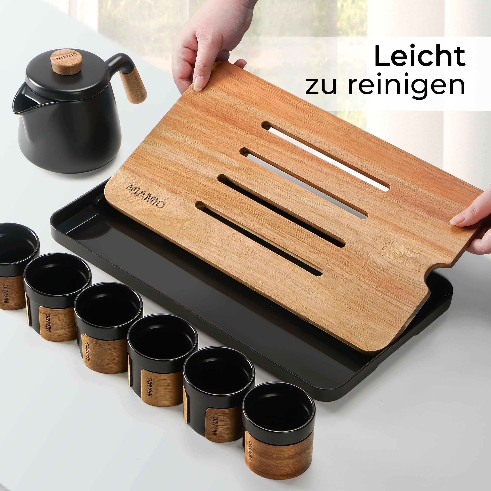 MIAMIO - Japanisches/Chinesisches Tee Set 6 x 100 ml/Asiatische Teekanne 620 ml mit Teesieb, Traditionelles Japanisches Teekanne Set für Teeliebhaber/Männer/Frauen (Schwarz)