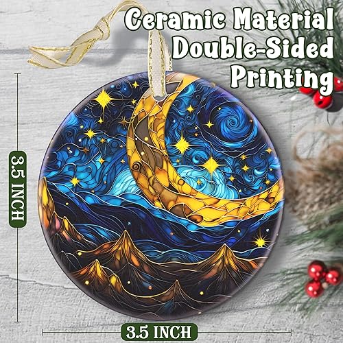 Miniatura 2 de Adorno navideño 2024  Decoración navideña redonda de cerámica para árbol  Idea de regalo para amigos, intercambio, estrella lunar retro