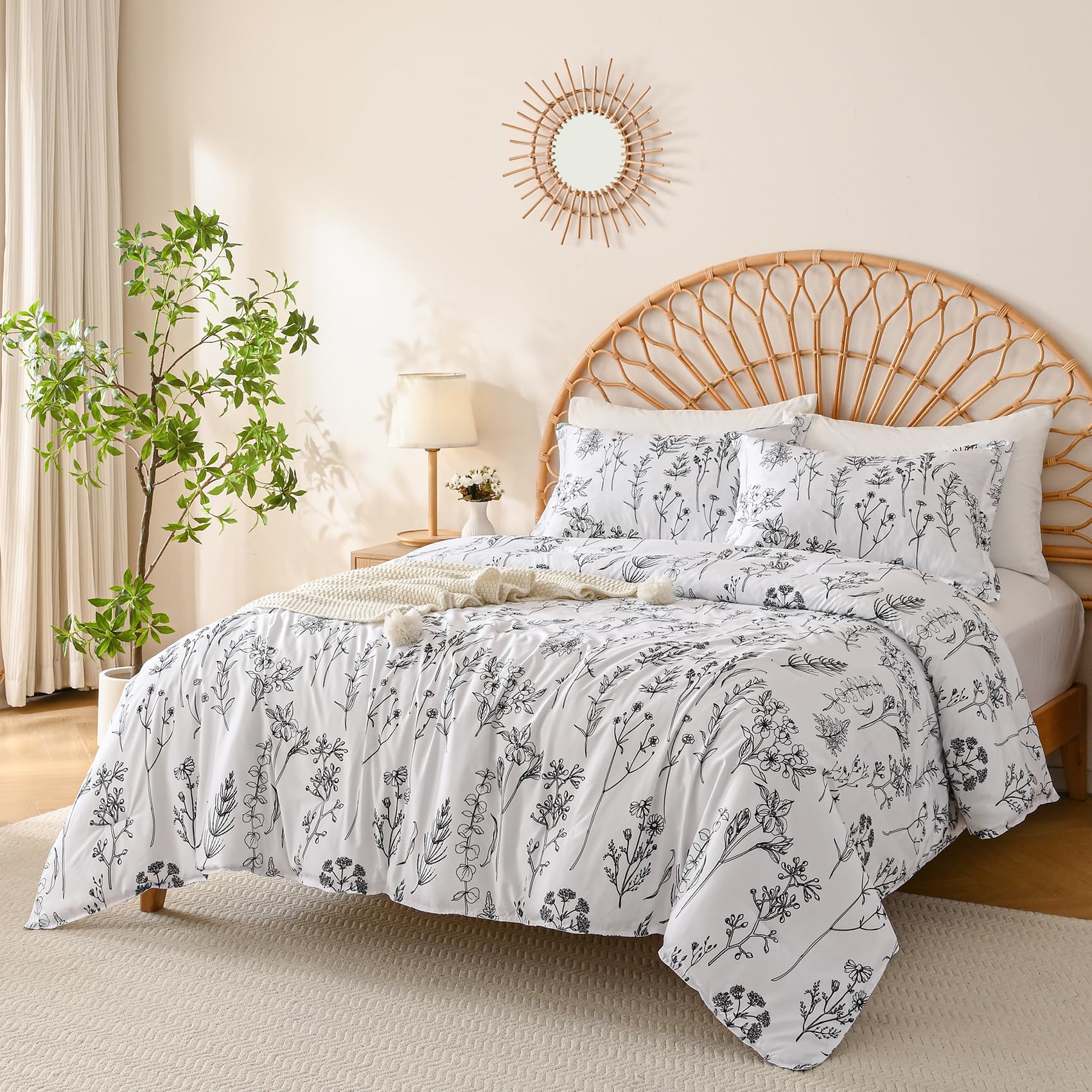 Juego de edredón floral Queen ropa de cama botánico rústico ligero y suave para cama