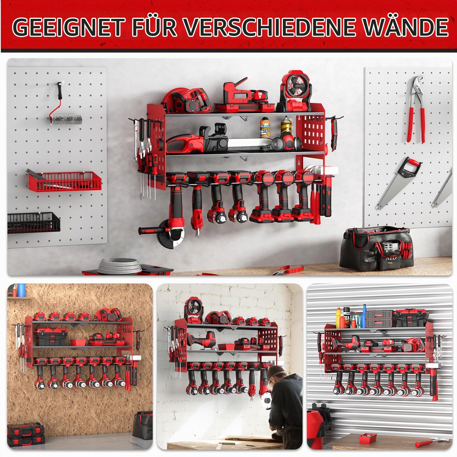 Yeabett 3 Ebenen Werkzeug Wandhalterung, Werkzeugspeicher Aufbewahrung für 7 Elektrowerkzeug, Werkzeug Wandhalterung für Garage, Werkstatt, 64 * 20 * 31cm (Rot)