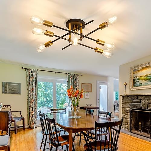 Miniatura 7 de UOFUS Lámpara de techo semiempotrada de 7 luces mate con base E26, moderna lámpara de techo negra y dorada de mediados de siglo para granja,