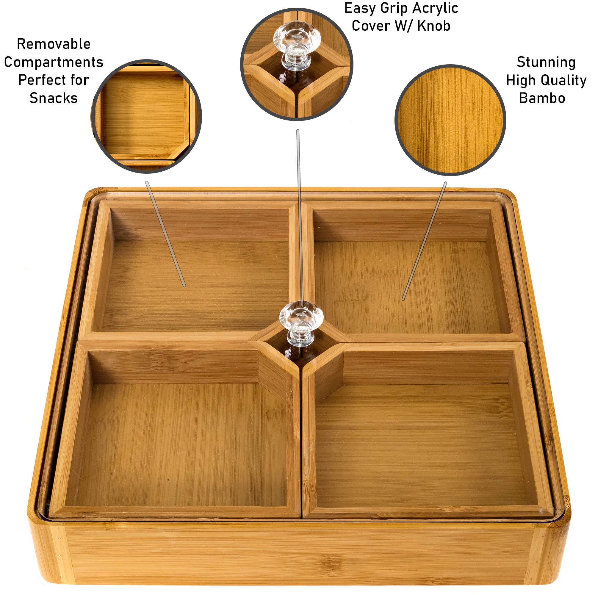 Serving Platter Bamboo Divided Serving Tray with Lid & Removable