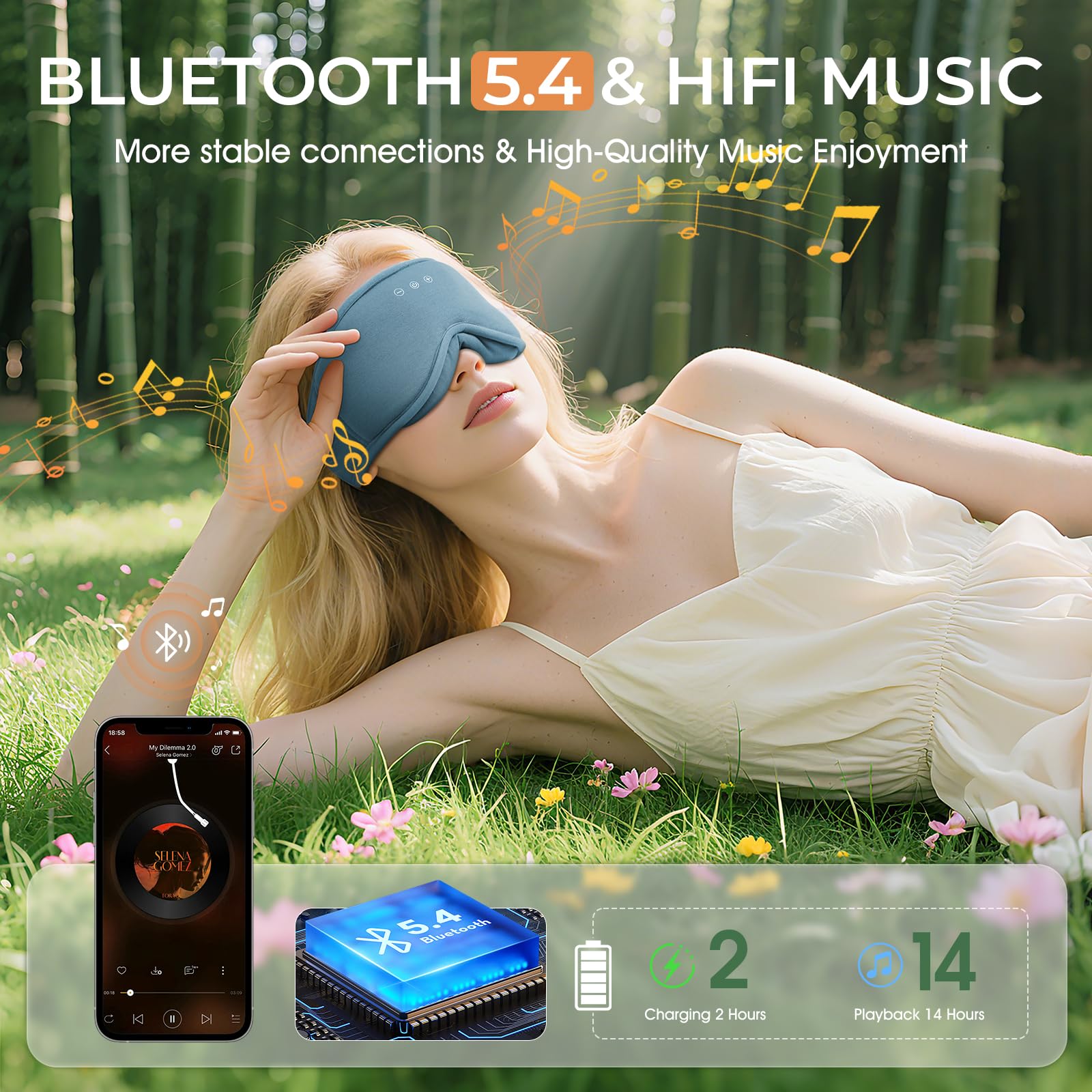 MUSICOZY Mascherina per dormire in cotone biologico di bambù, 100% oscurante, 3D, Bluetooth, mascherina traspirante per gli occhi, senza pressione oculare, cuffie per dormire sul fianco, con autonomia