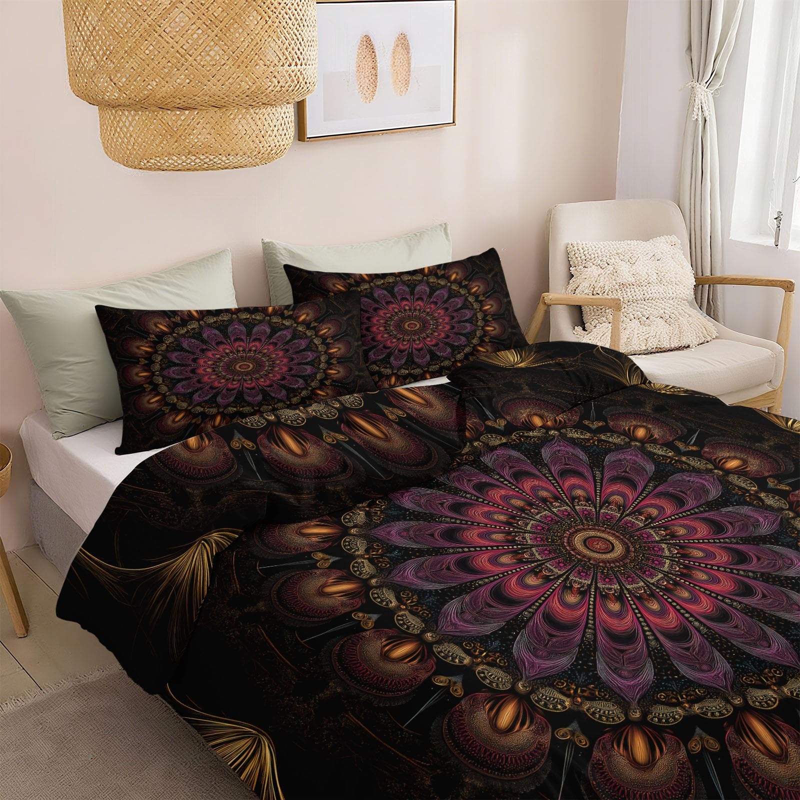 Kalejdoskop Wzór Poszwa na kołdrę 140 x 200 cm, Zestawy pościeli Miękka mikrofibra Sztuka Abstrakcyjna Mandala Komplet pościeli, Czarny Komplet pościeli z 2 poszewkami na poduszki 65x65