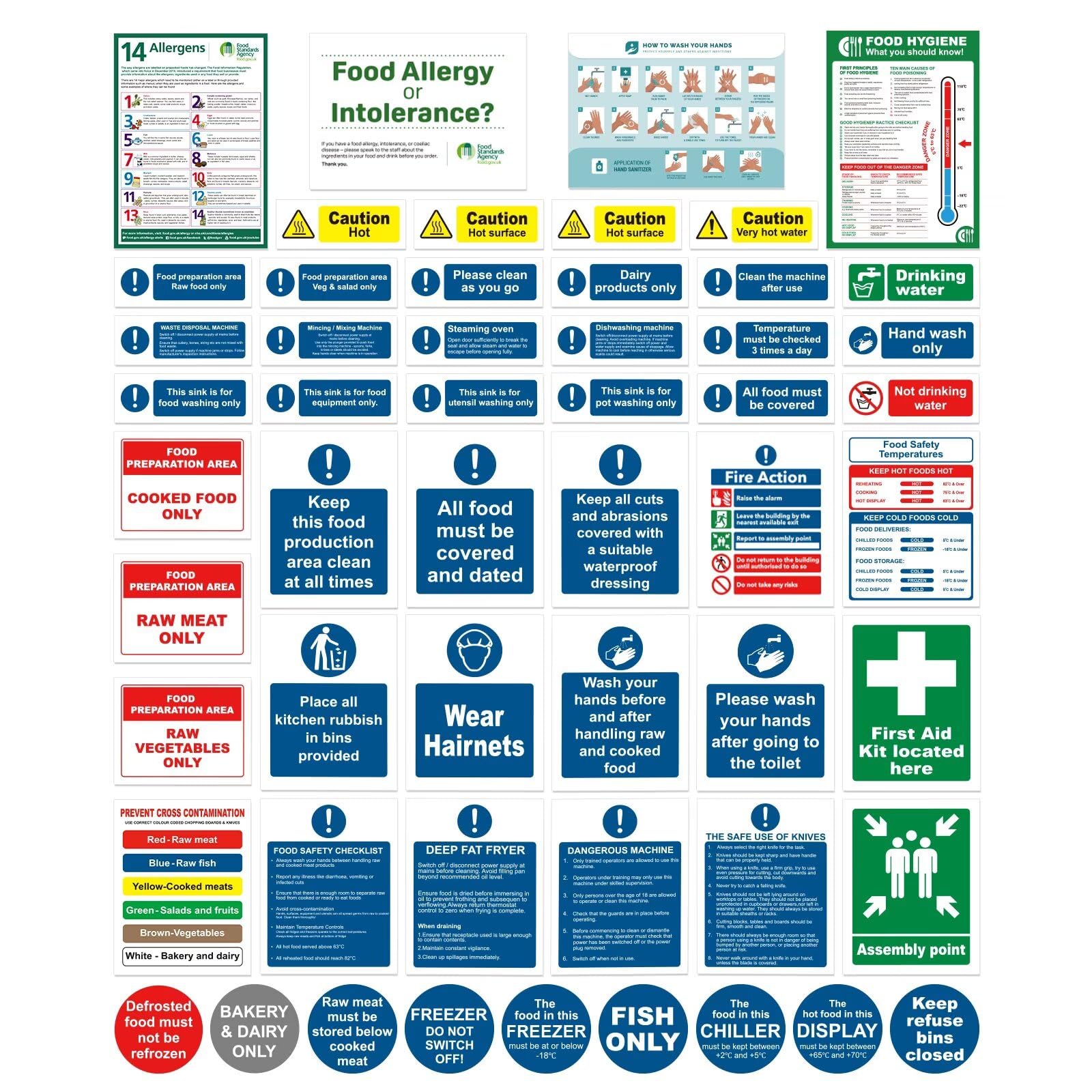 54 Pcs Kitchen Safety Signs Set – Essential Food Hygiene Signage Pack, Self Adhesive Vinyl Waterproof & Oil Resistant Stickers for Restaurants, Cafes, Takeaways and Small Catering Kitchens