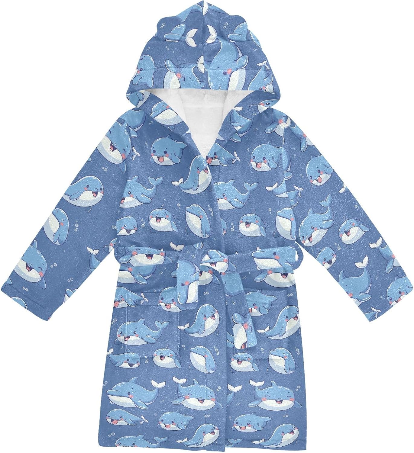 senya Cute Small Whale Toddler Hooded Bathrobe Kids Soft Plush Bath Towel Robes for Boys Girls 2-12 Years