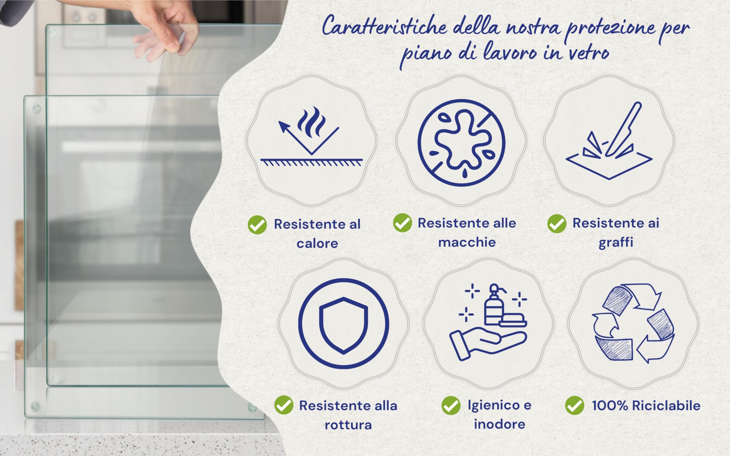Kitchenville Tagliere da Cucina in Vetro Temperato 40×30 cm – Infrangibile, Antigraffio, Antiscivolo & Resistente al Calore – Design Trasparente